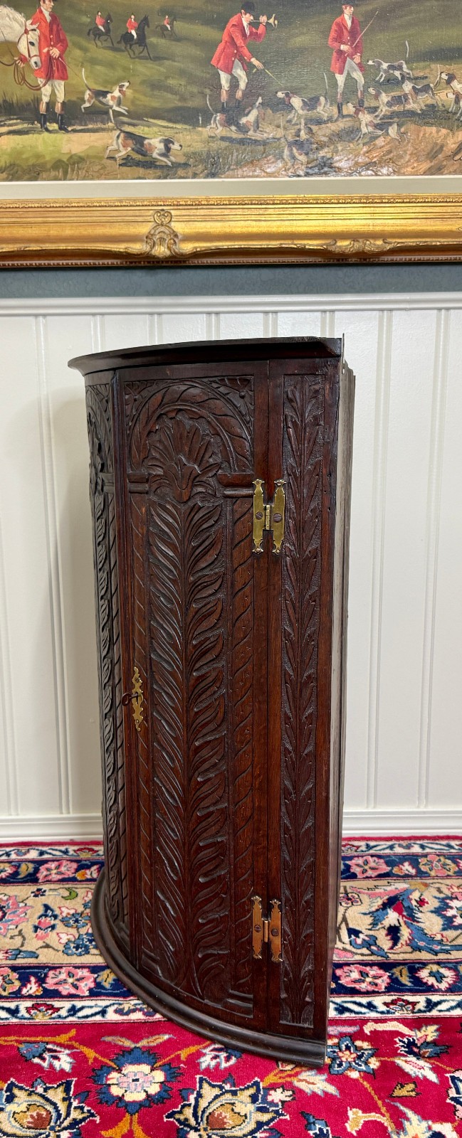 Antique English Corner Cabinet Carved Oak Hanging Wall Cabinet Storage 19C