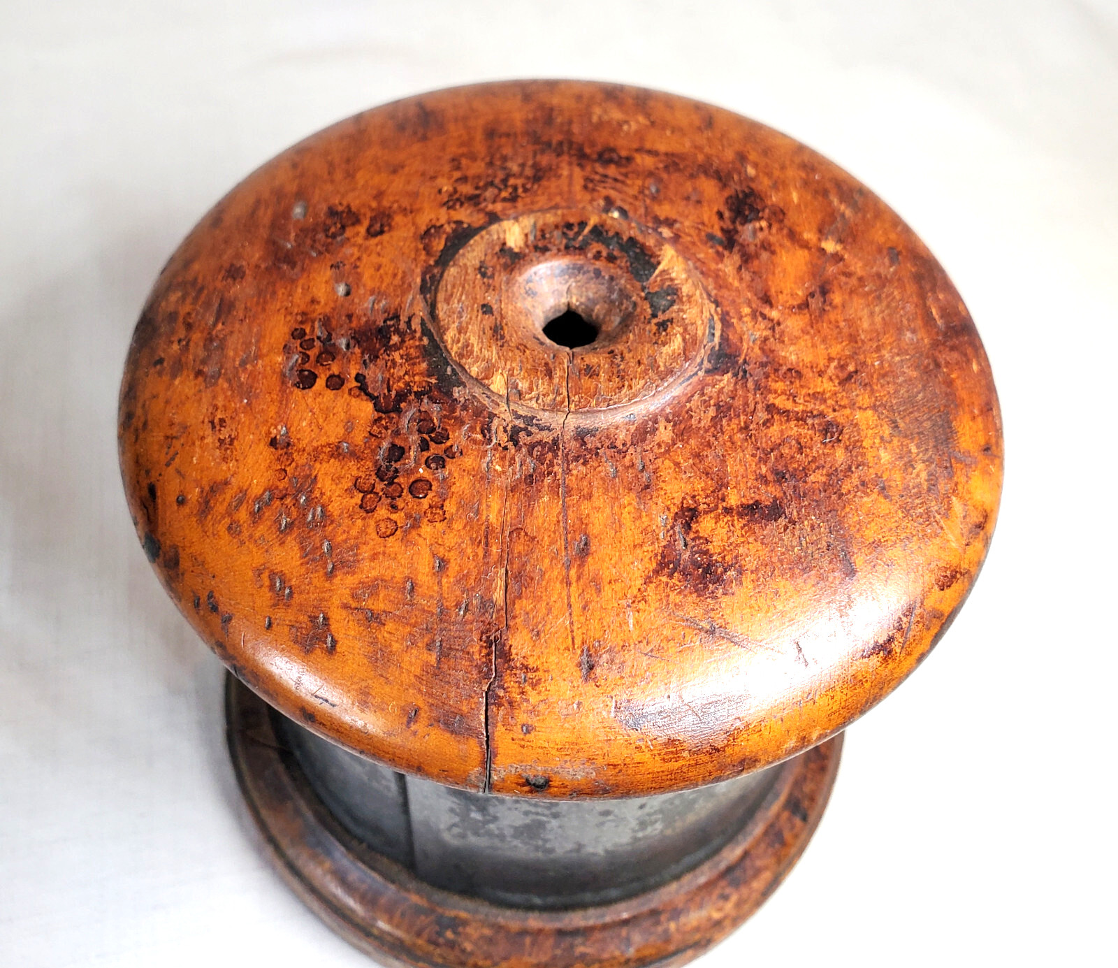 Antique Lingum Vitae String Box Turned Cylinder & Hand Painted Tin Sheet Wrap