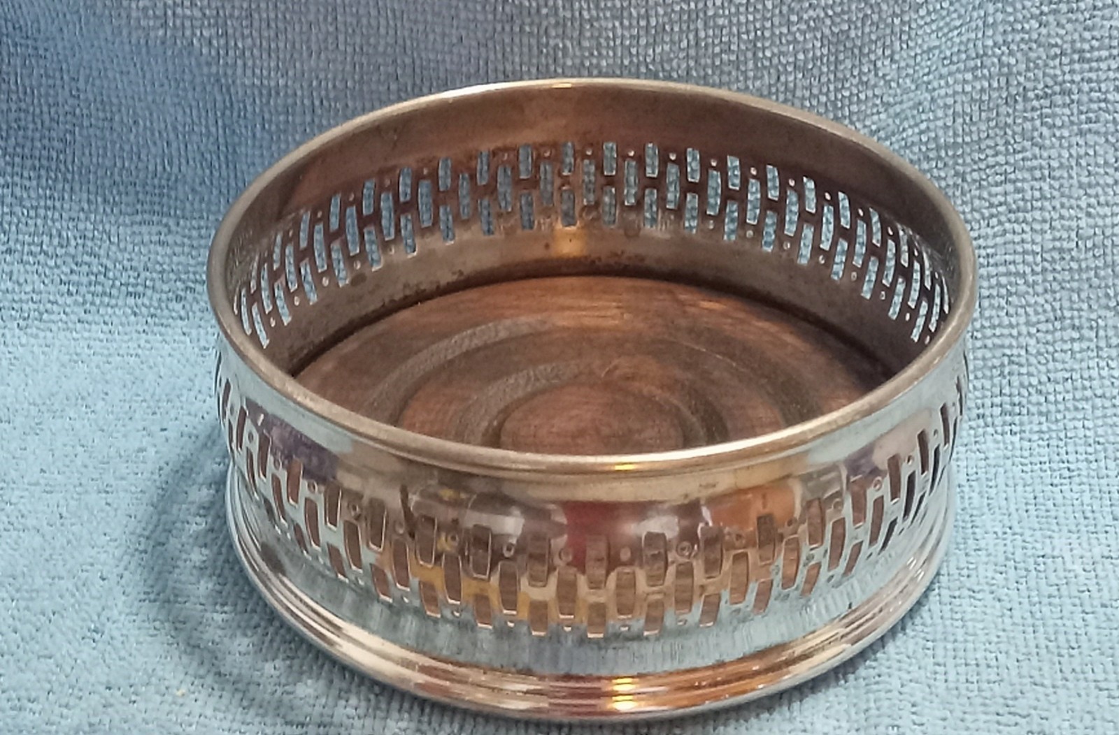 Falstaff Silver Plate Wine Bottle Coaster, 5″ diam. 2″ depth, Wood Base, England