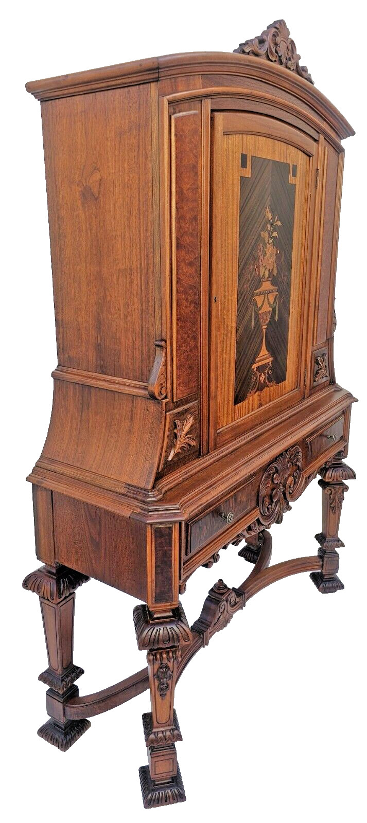Antique 1920s Rockford Carved Walnut w/ Marquetry Bar or China Cabinet Hutch