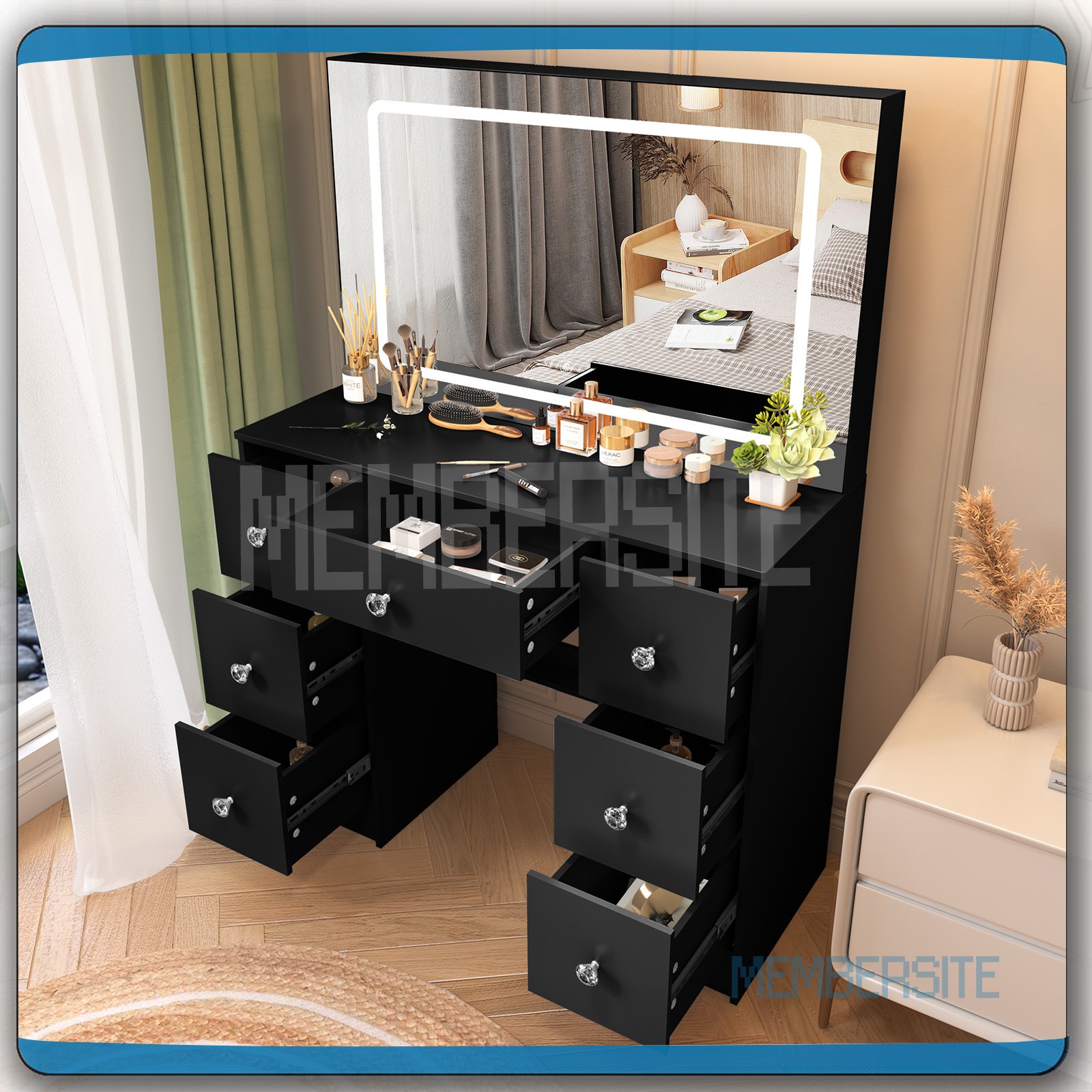 Vanity Desk Set with Large HD Lighted Mirror 7 Drawers Black Makeup Vanity Table