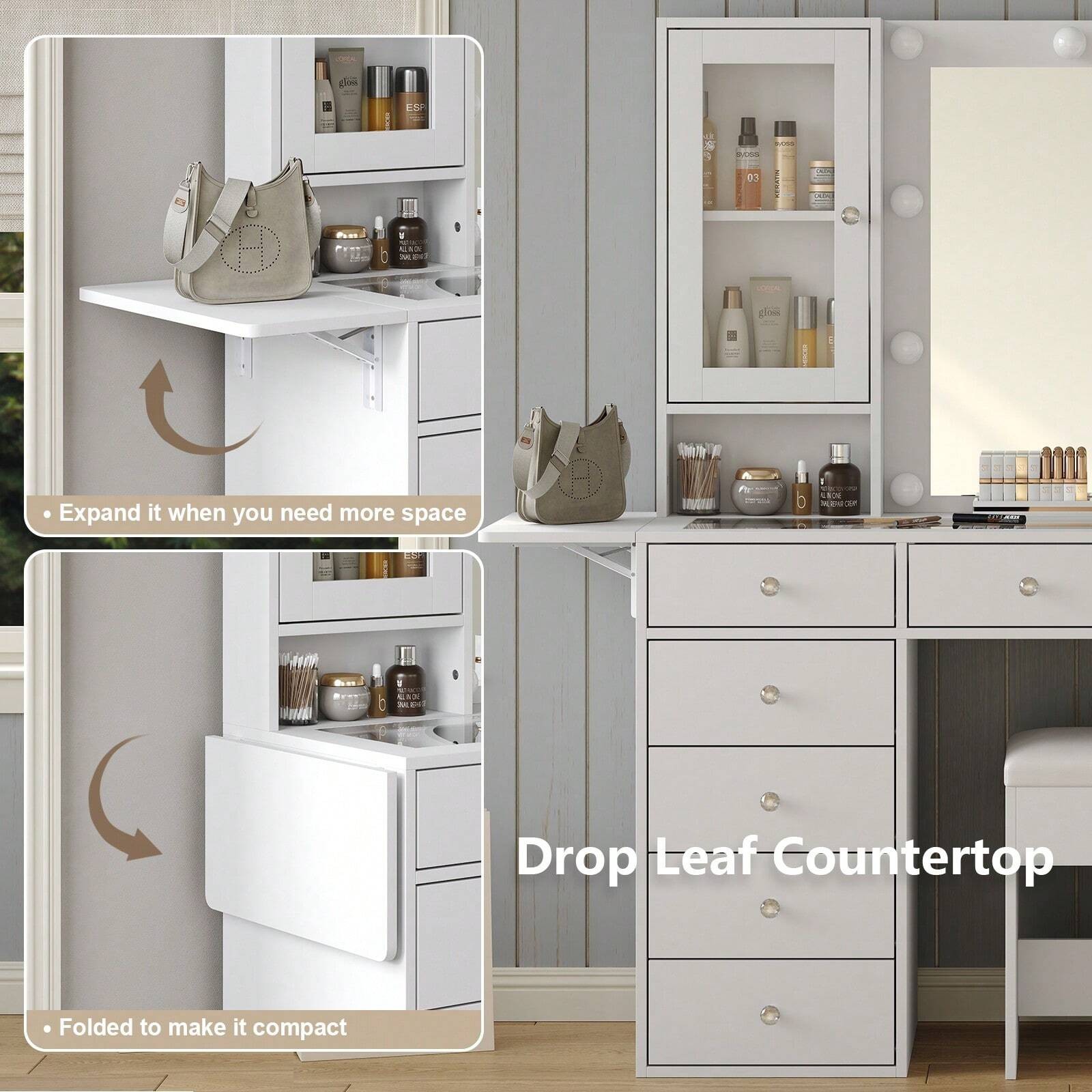 Makeup Vanity With Power Outlet Mirror 10 LED Lights 12 Drawers And 2 Cabinets
