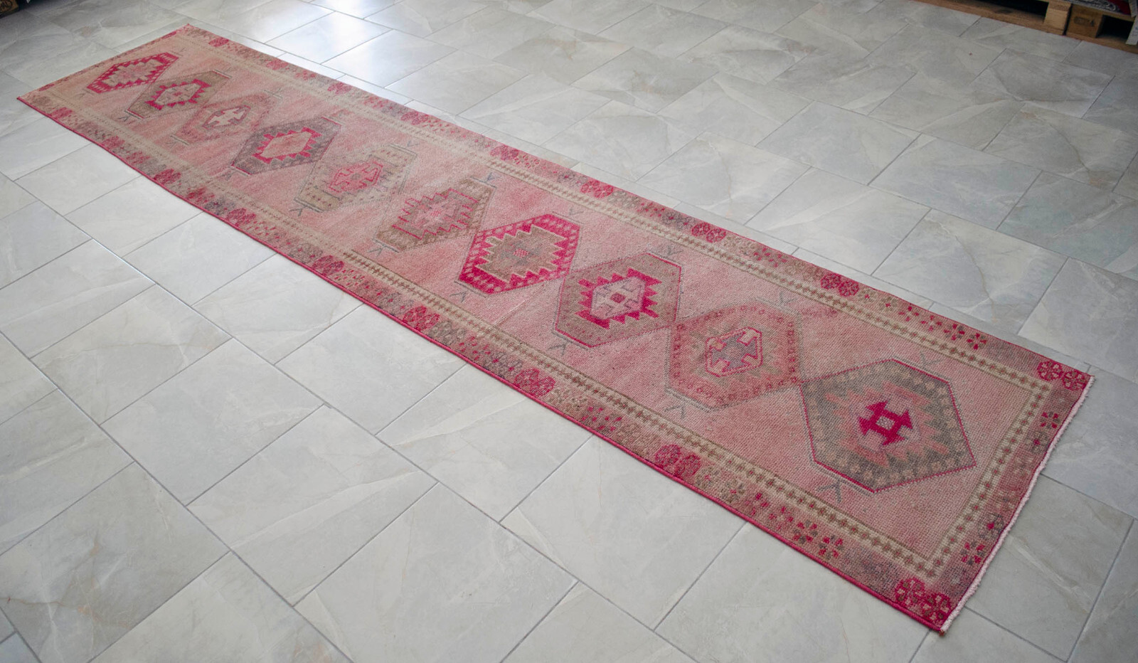 Vtg Pink Oushak Runner Rug | Extra Long Hand-Knotted Wool 2’9″ x 12’10”
