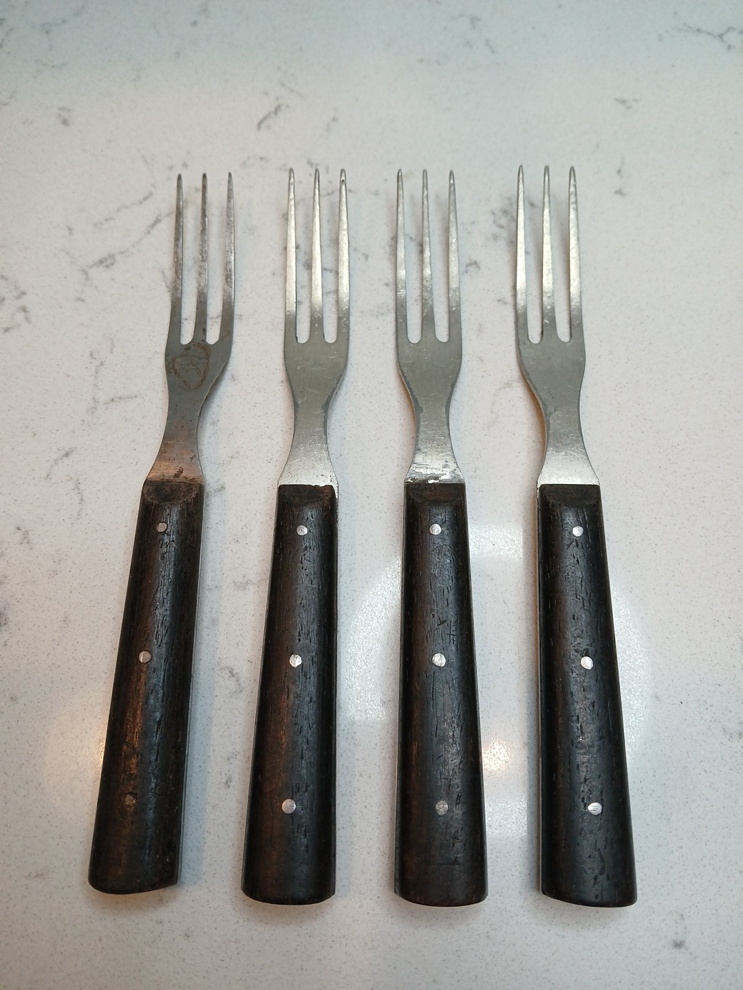 (4) Antique Civil War Era 3-Prong Forks Wood Handle 3-Rivet – Carbon Steel