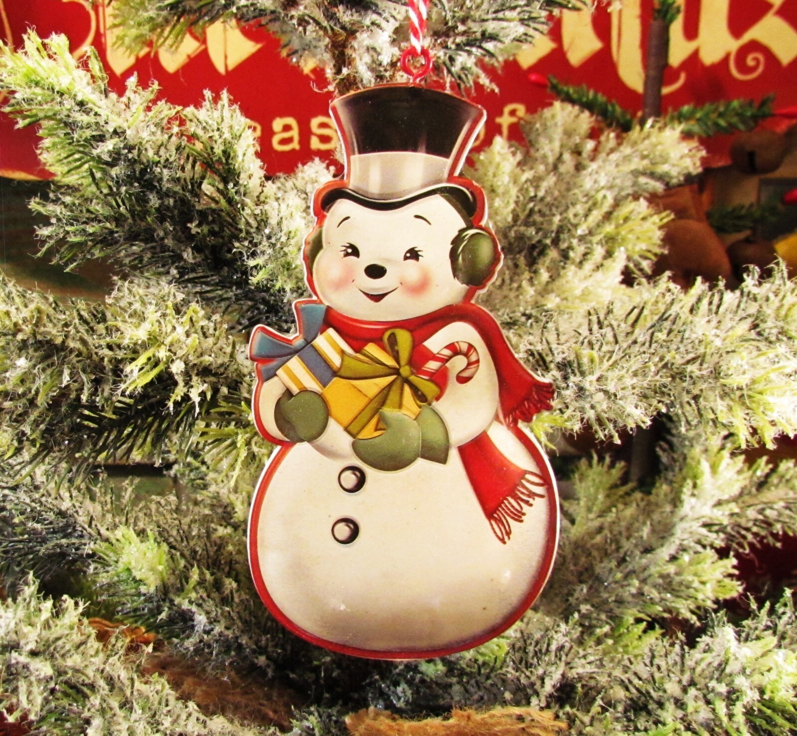 Primitive Antique Vtg Style Retro 5″ Snowman Christmas Tree Tin Ornament