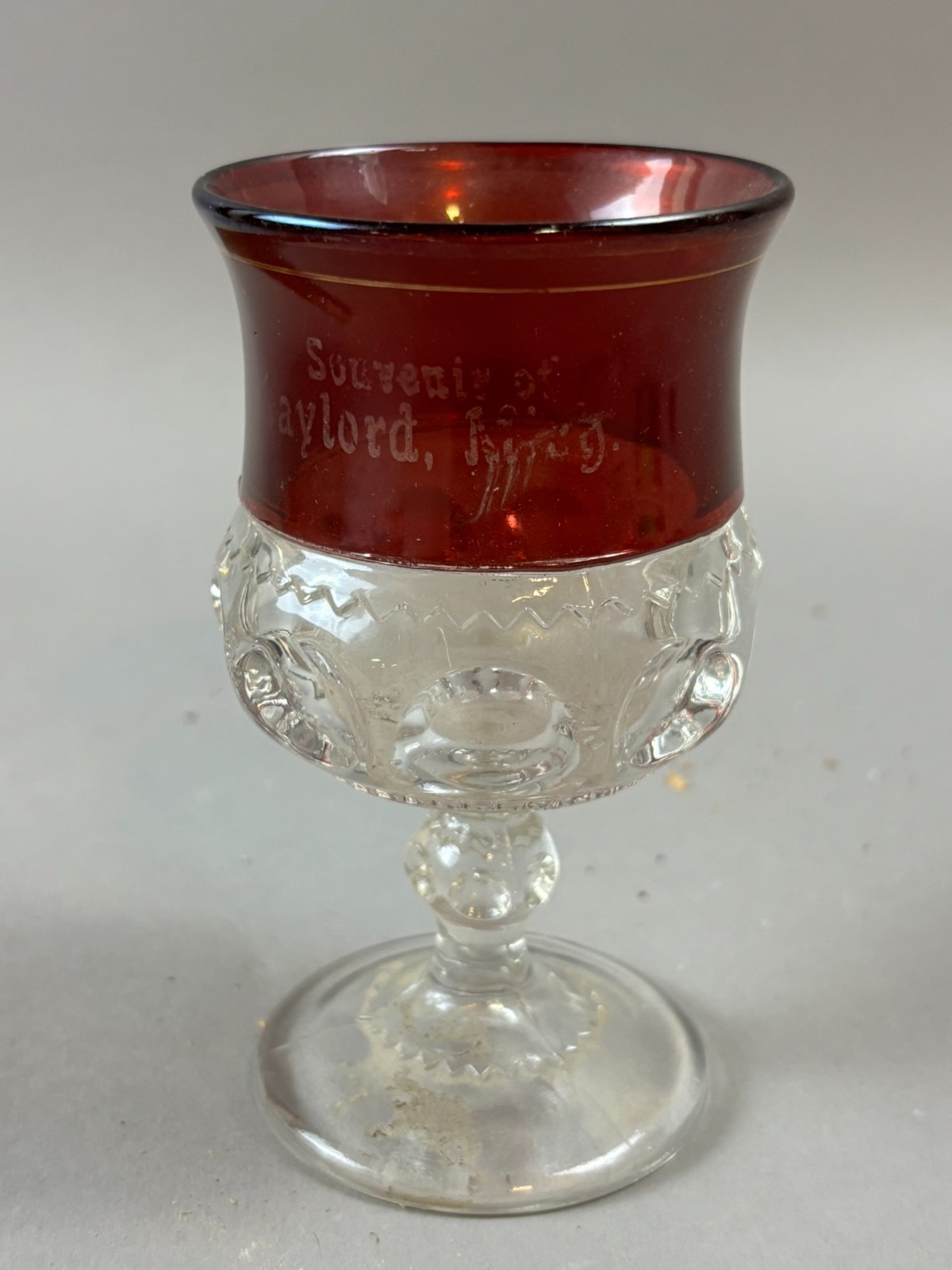 #246 Antique Original GAYLORD Michigan Ruby Red Flash Souvenir Glass GOBLET