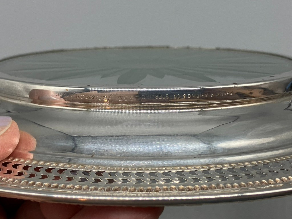 LARGE FRANK M WHITING & CO STERLING SILVER AND CUT GLASS BOTTLE COASTER
