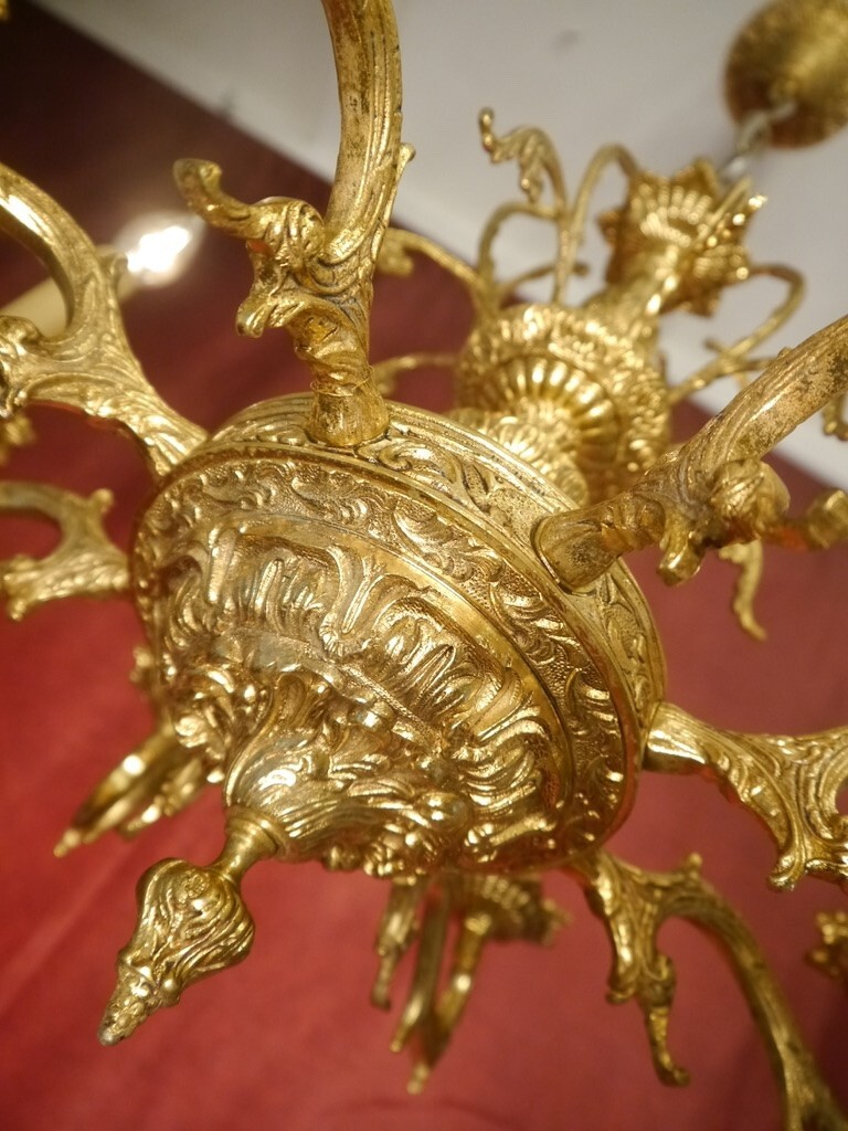 Antique Rococo Chandelier Solid Brass 8 Light Gold Bronze Ø 25.6” 22 lbs