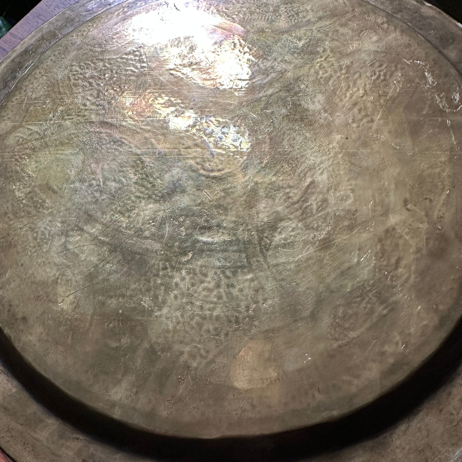 Persian Brass Tray Silver Copper Inlay Hand Engraved Geometric 11.25” Plate