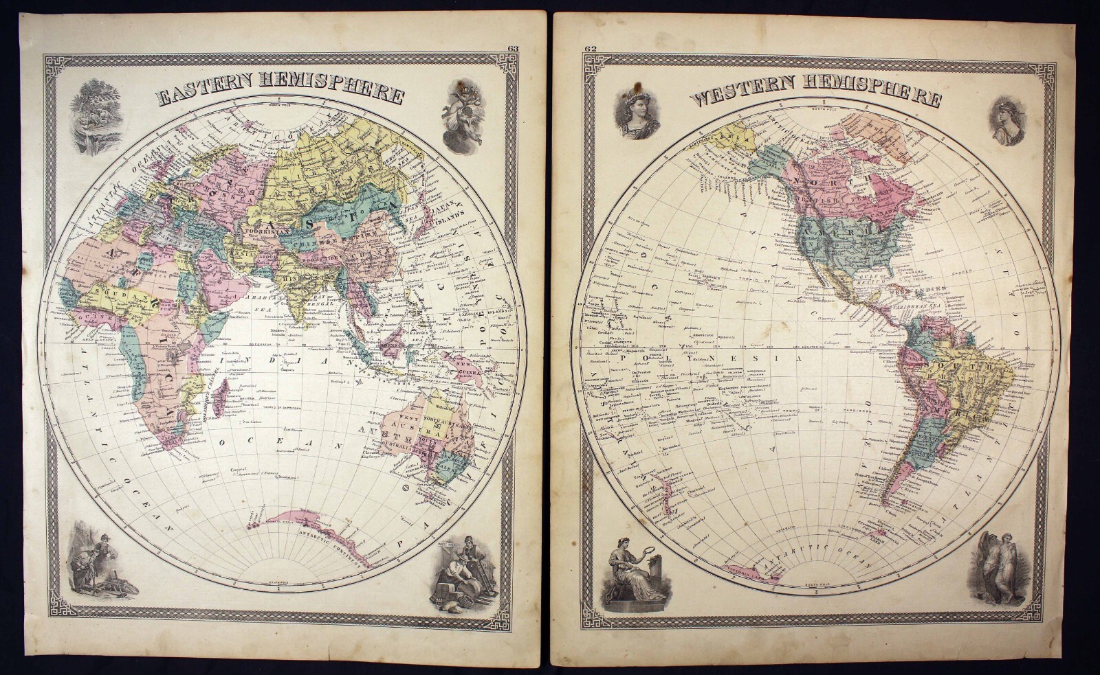 1876 Antique Maps Eastern Hemisphere & Western Hemisphere Original Color