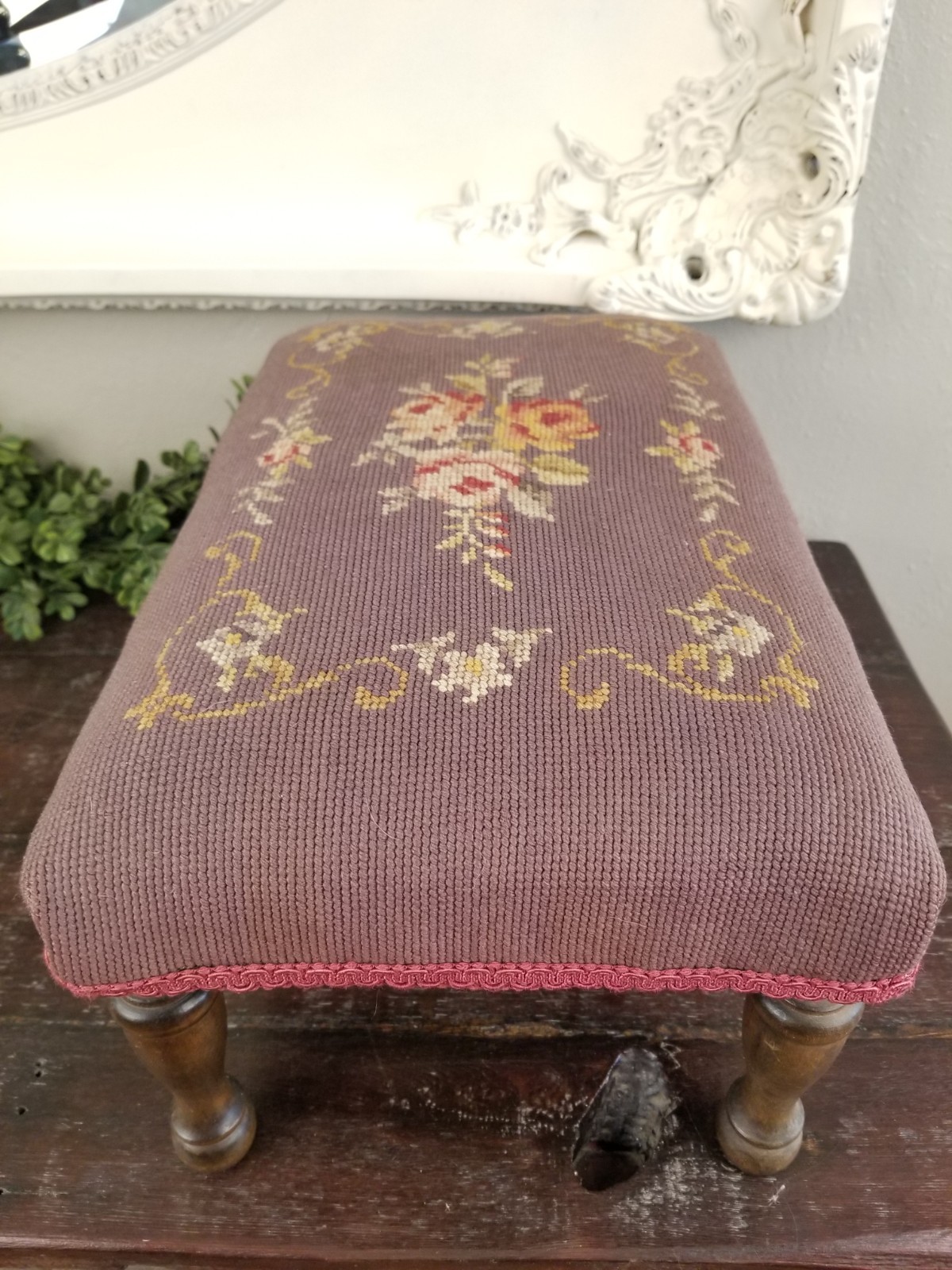 Antique Early 1900’s Floral & Rose Needlepoint Wooden Footstool in Deep Mauve