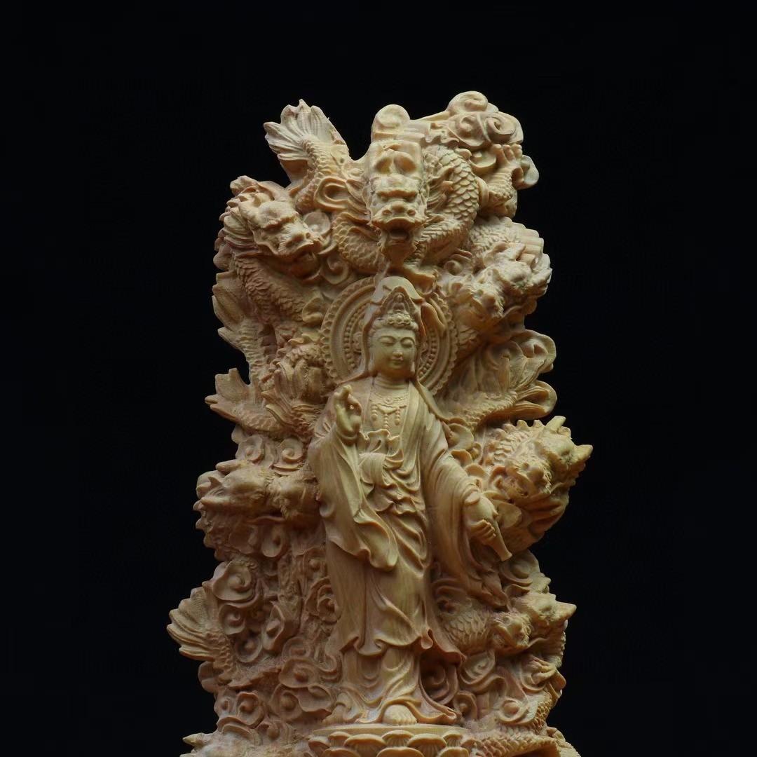 Chinese Boxwood Huang-yang Wood Carving Guanyin 9-dragon Statue HUI80104