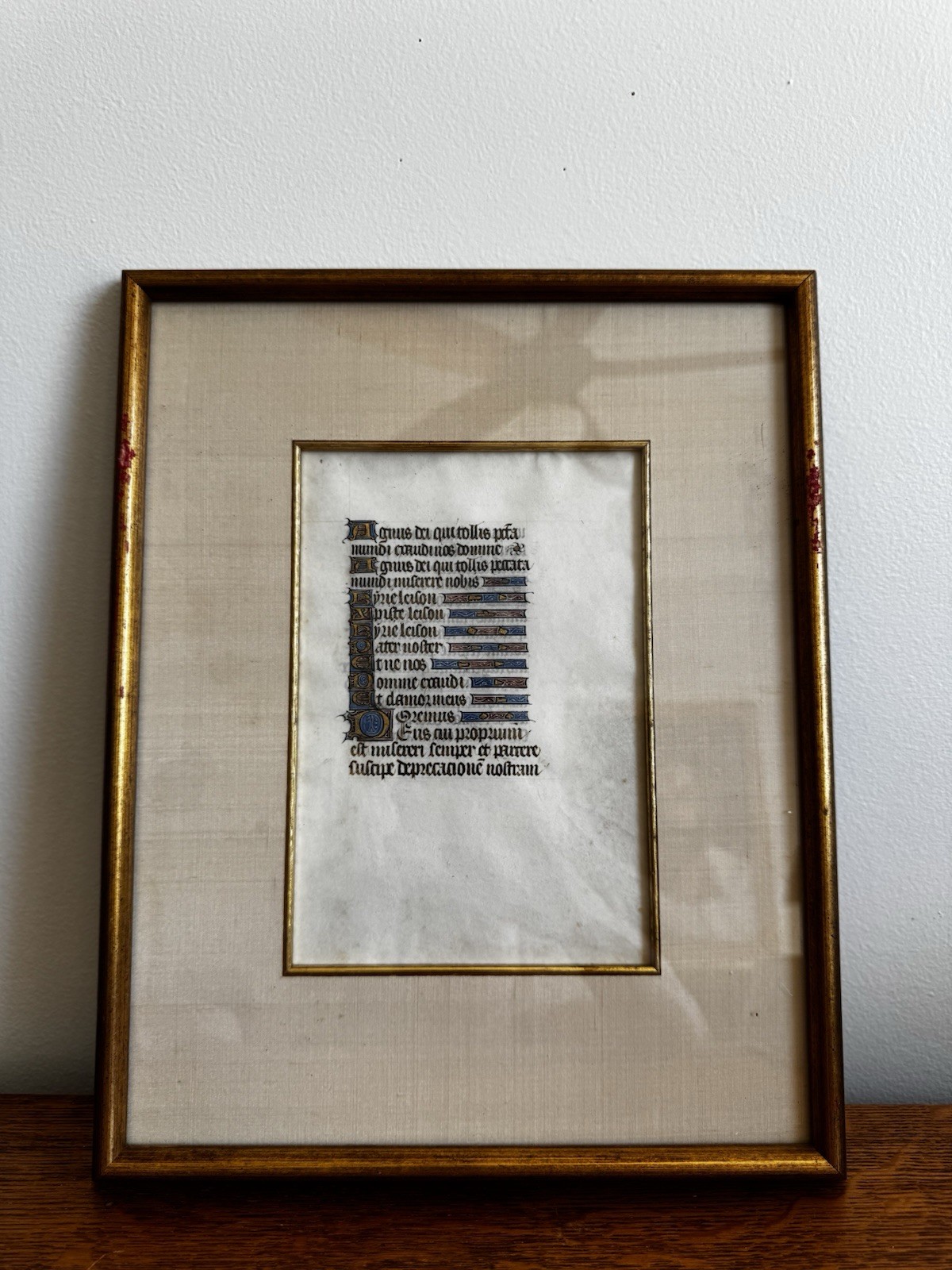 15th C Illuminated Book of Hours Leaf Agnus Dei Vellum Framed Gothic Script