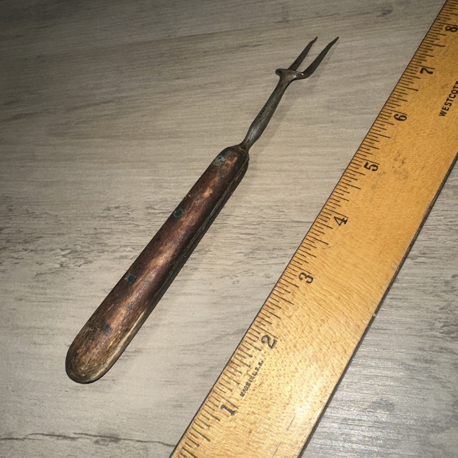 antique Civil War Era 2 Prong Serving Fork, Meat Fork Wood Handle Primitive