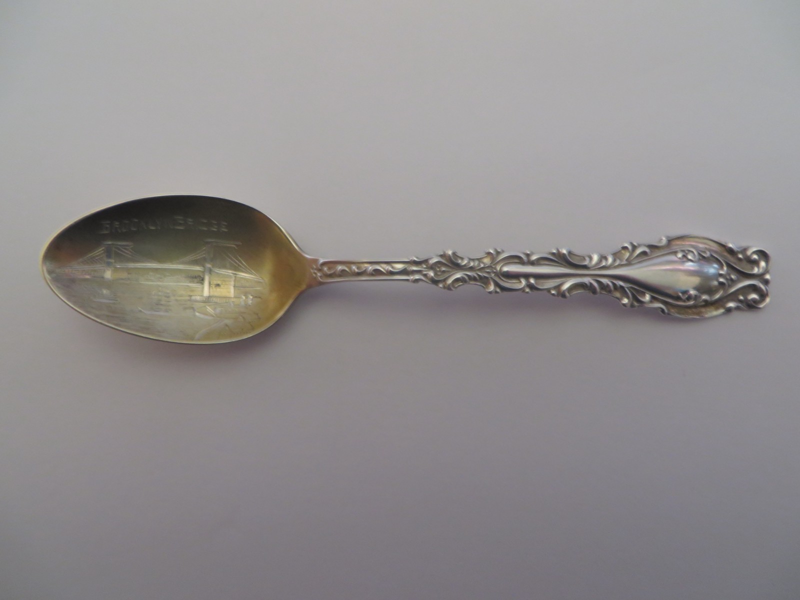 F. Whiting Josephine 1890 Handle 5 3/8″ Sterling Souvenir Spoon Brooklyn Bridge