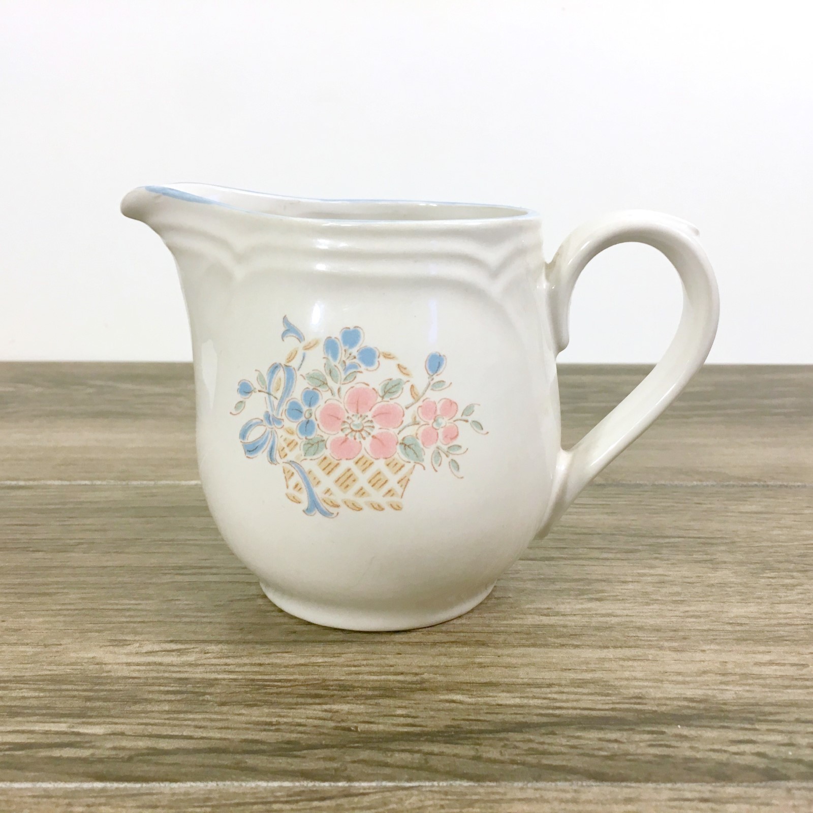 Vintage Johann Havliand Country Basket Creamer Ceramic Pink and Blue Flowers