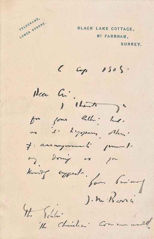 Very Rare! James M. Barrie, Author Of ‘Peter Pan’, A Handwritten & Signed Letter