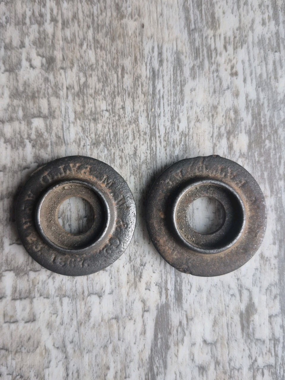 2 Antique Cast Iron Rosette Escutcheon Backplate M.W Co Dated 1867 1-3/8″