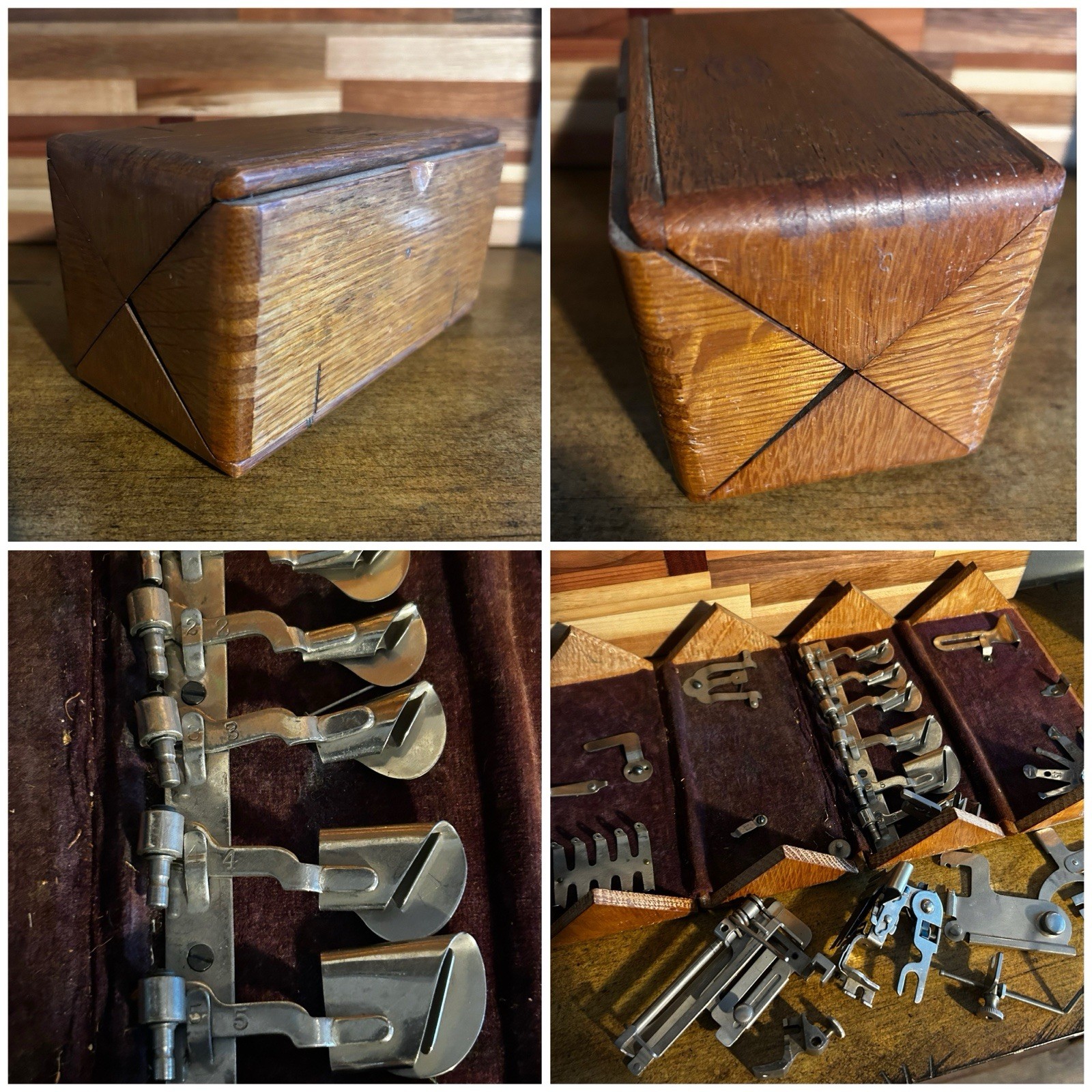 Antique Singer Sewing Machine Puzzle Box Parts Wood Oak Attachments Folding USA