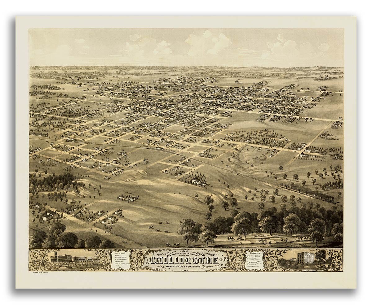 Bird’s Eye View 1869 Chillicothe Missouri Vintage Style City Map – 16×20