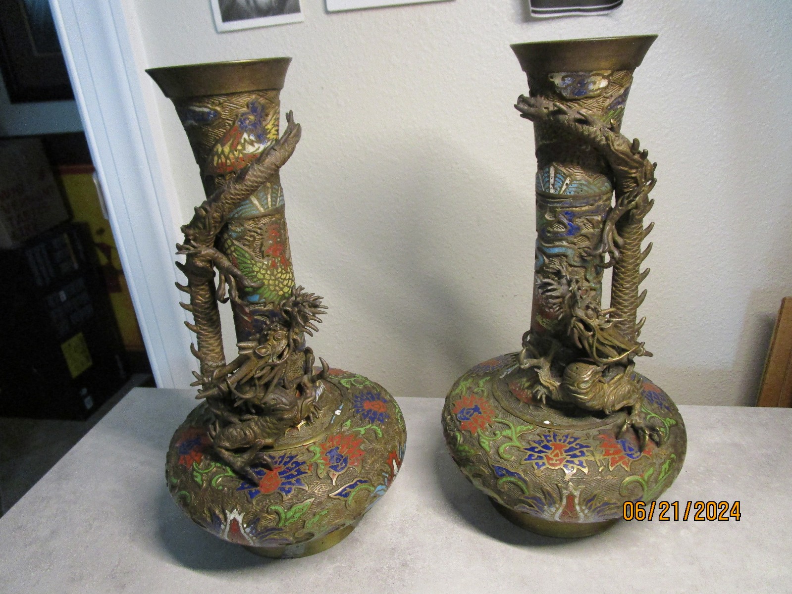 Antique Japanese CHAMPLEVE CLOISONNE DRAGON VASE pair
