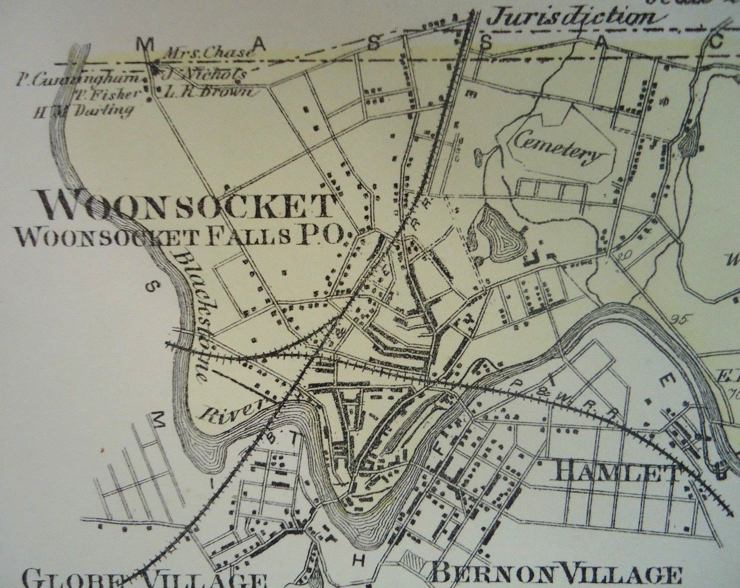 1870 Woonsocket, Providence Co., Rhode Island, Hand-Colored Map, D.G Beers Co.