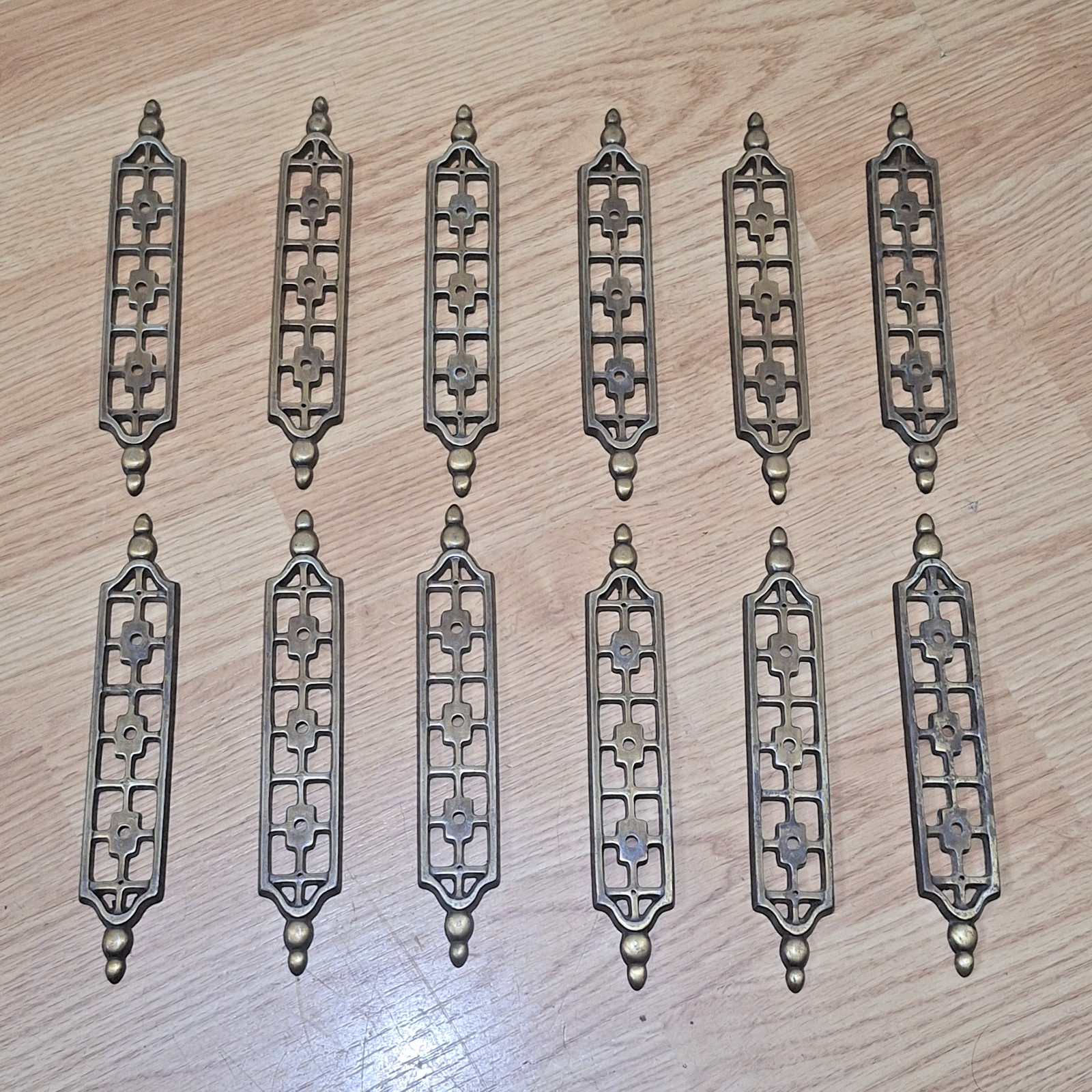 Vtg 70s Decorative Lattice Drawer Pull Backplate Antique Brass Finish Lot of 12