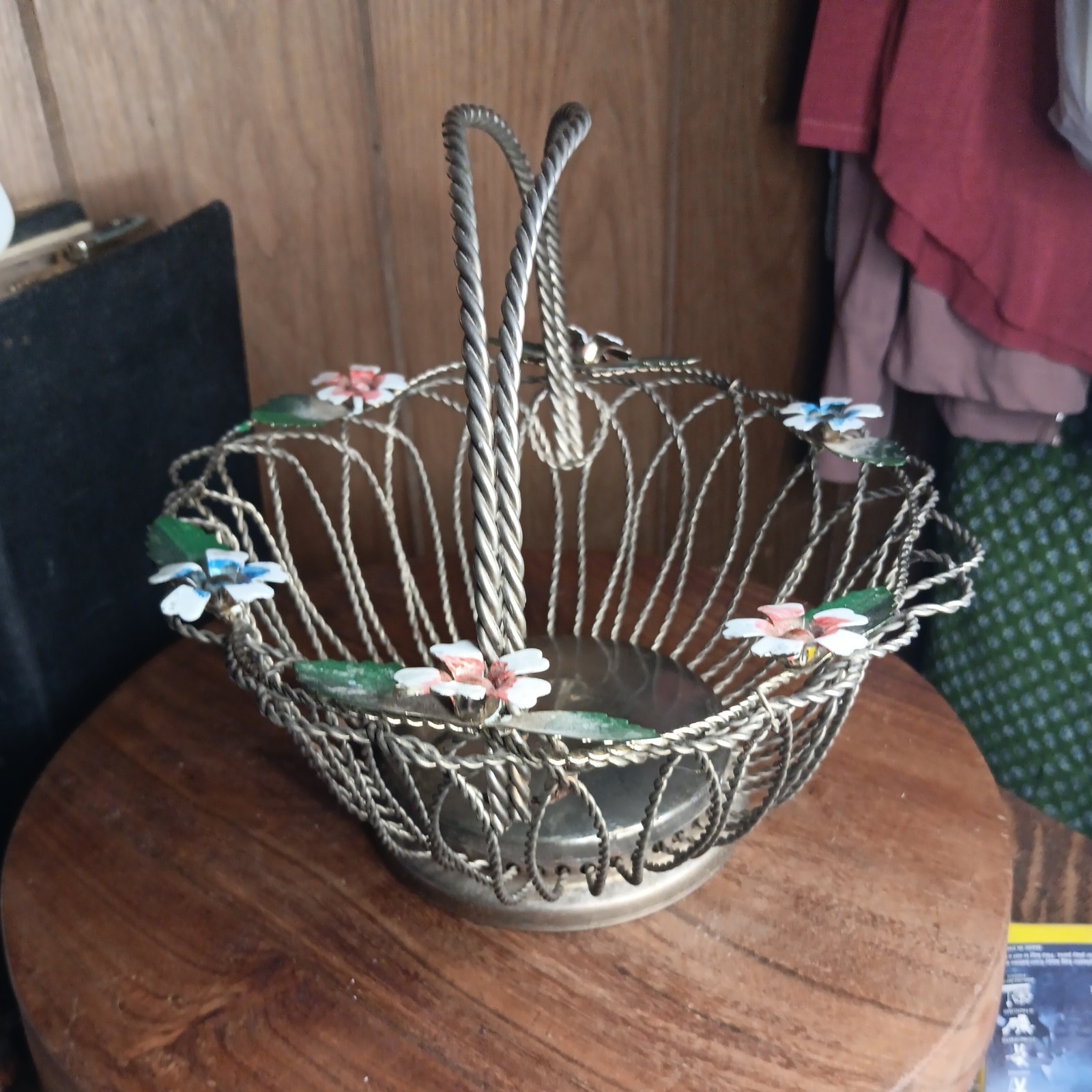 Vintage silver plated Wirework Basket with blue and pink flowers.