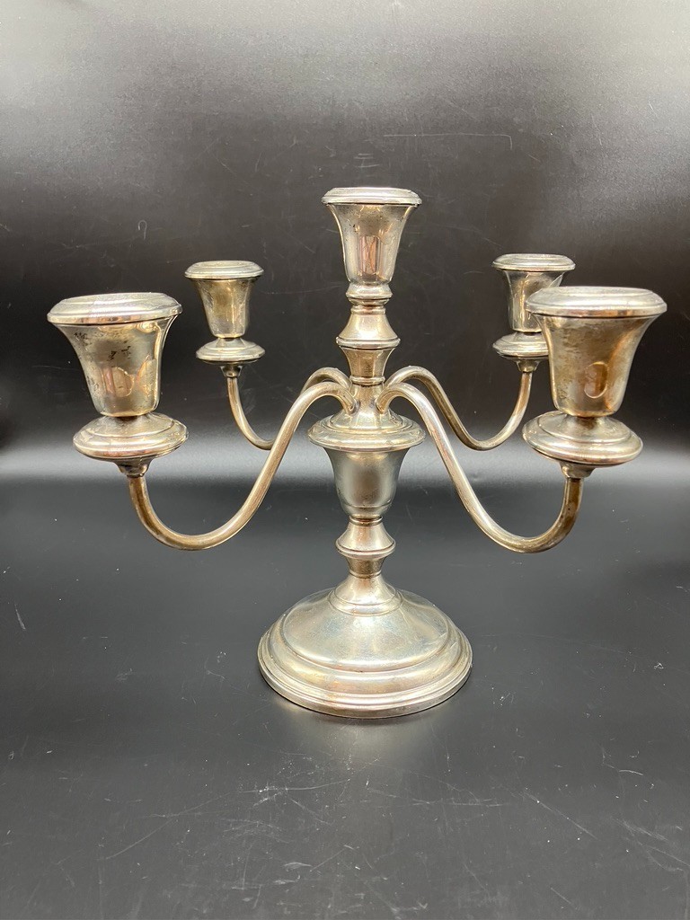 FOUR ARM FIVE LIGHT FRANK M. WHITING STERLING SILVER CANDELABRA WEIGHTED