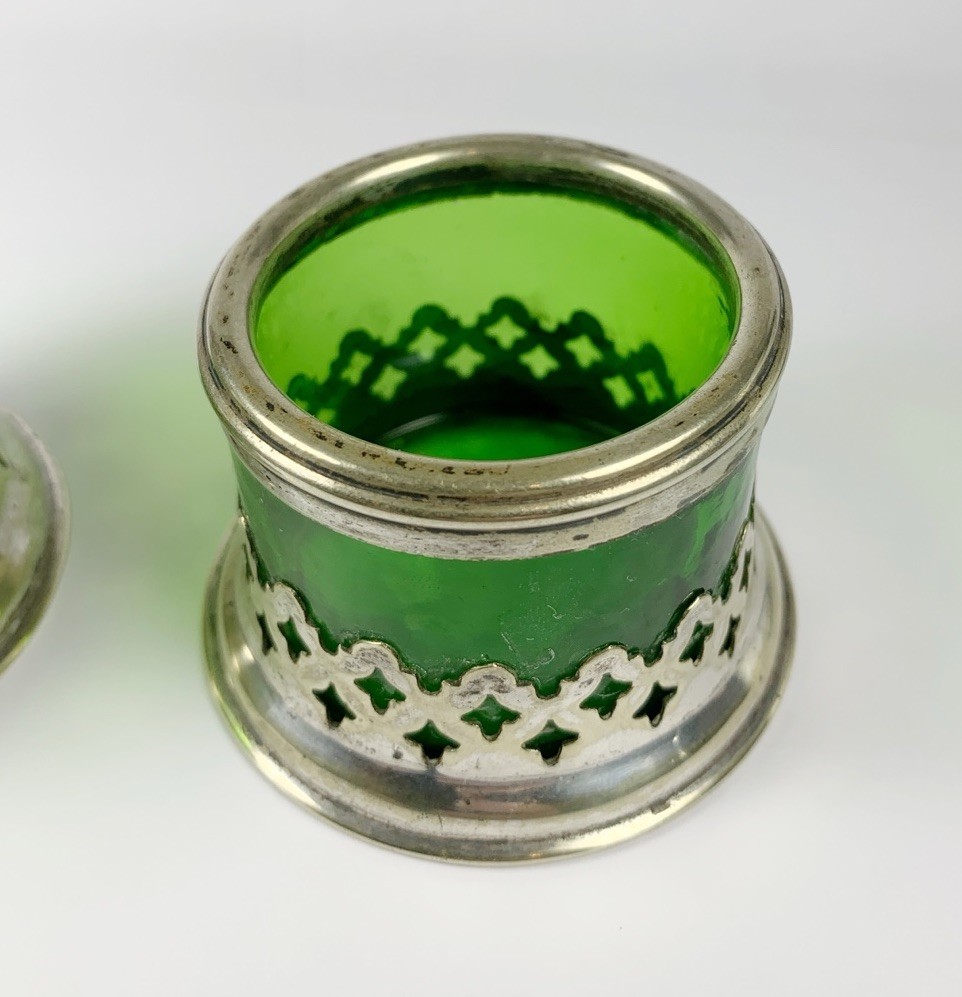 Victorian Silver Plated Openwork Salt Cellars c1850 Green Glass Gothic Revival