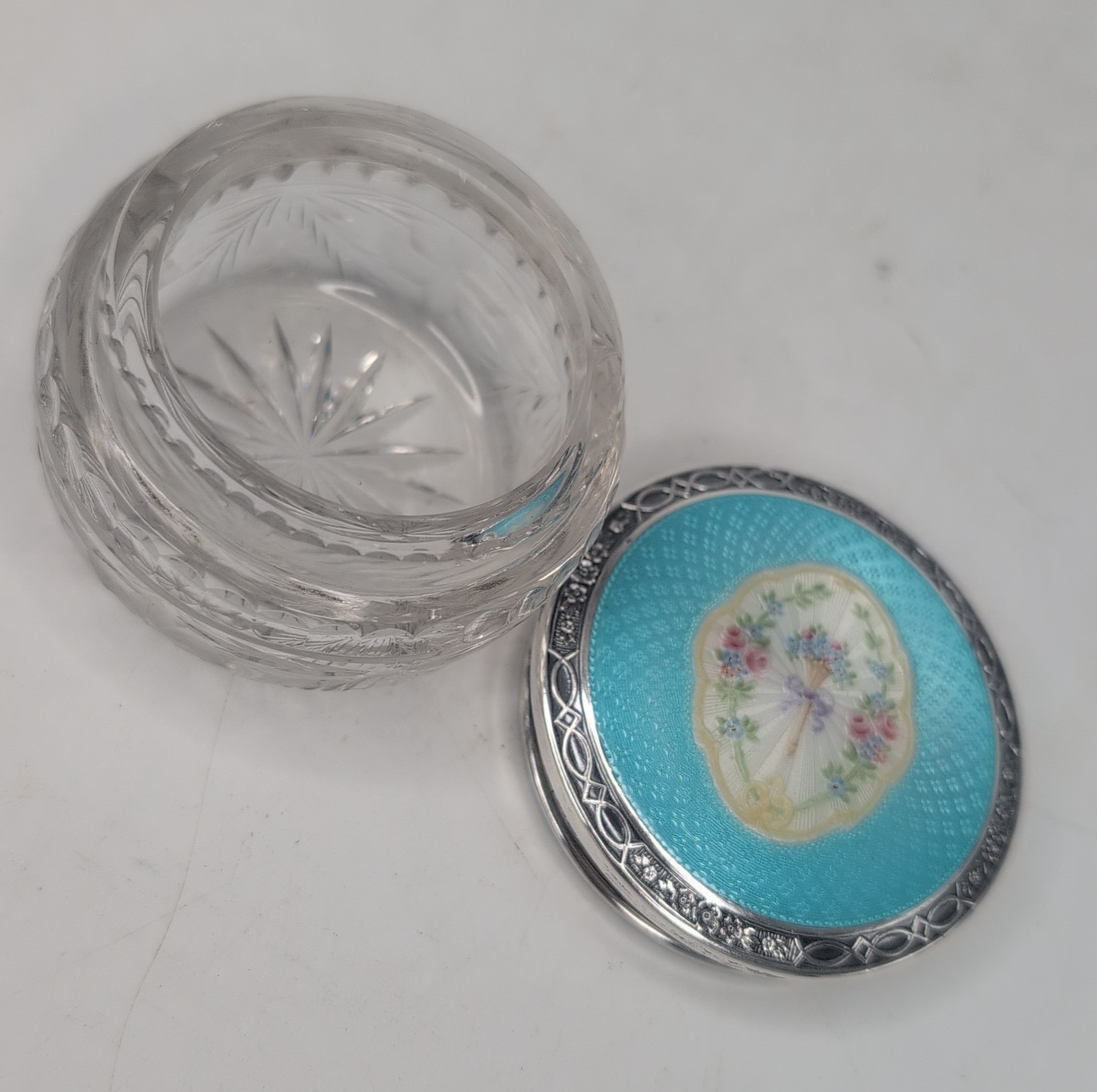 Foster Bailey Sterling Silver Blue Guilloche Enamel Floral Cut Glass Dresser Box