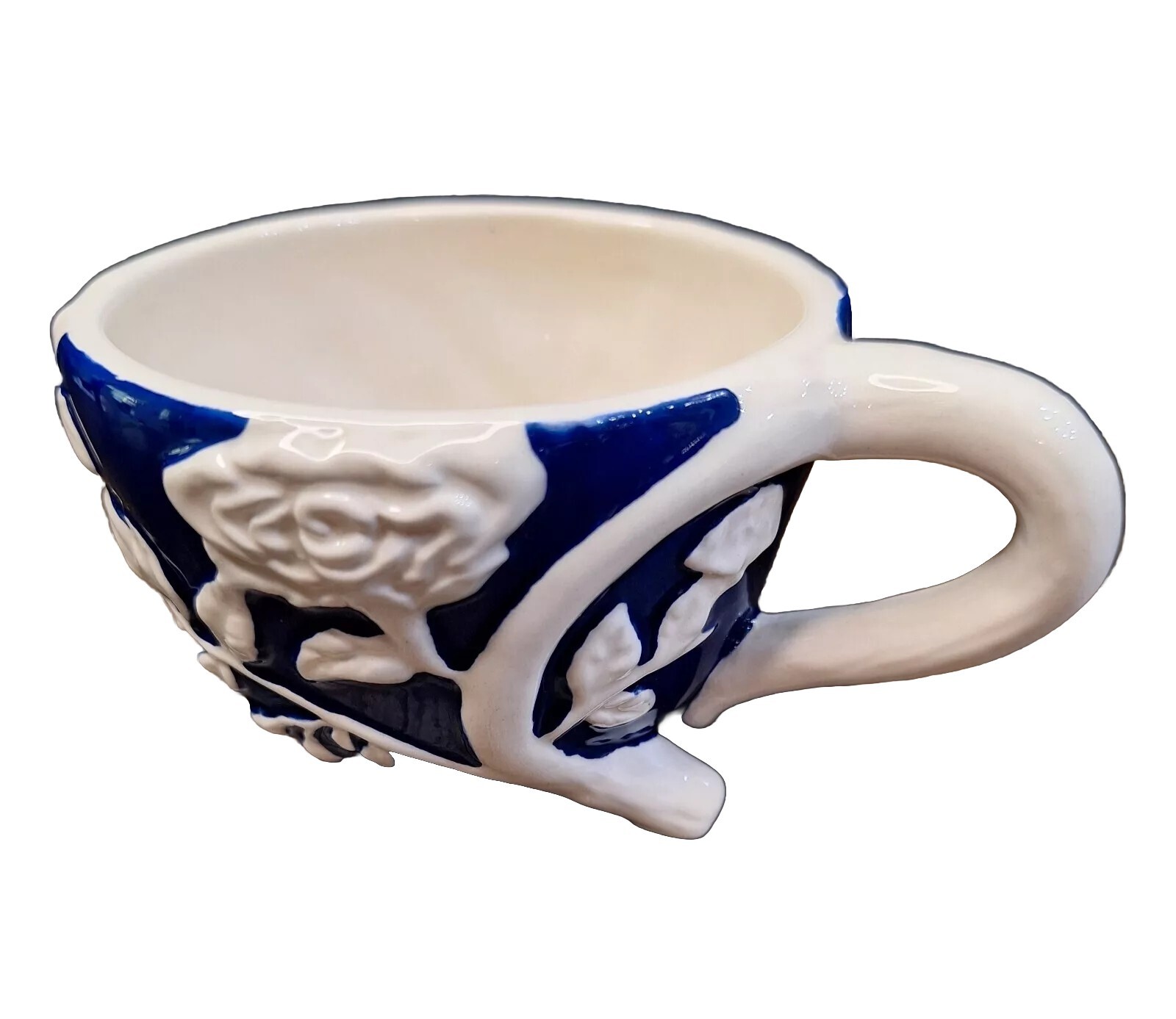 Tea Cup Midnight Indigo Blue and white Rose Pattern Cauldron footed cup 2 3/4″H