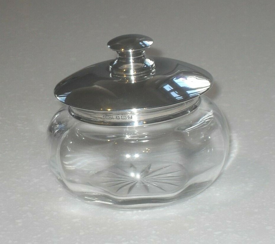 ART DECO 1928 STERLING SILVER & GLASS DRESSING TABLE POWDER TRINKET JAR BOWL
