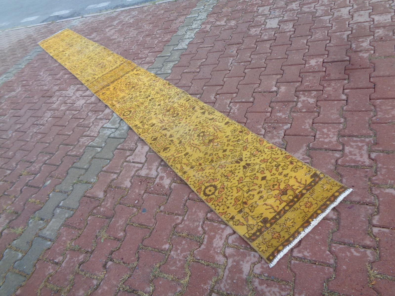 15.4 x 1.7 Ft Yellow Extra Long Runner For Stairs, Vintage Long Runner Rugs a370