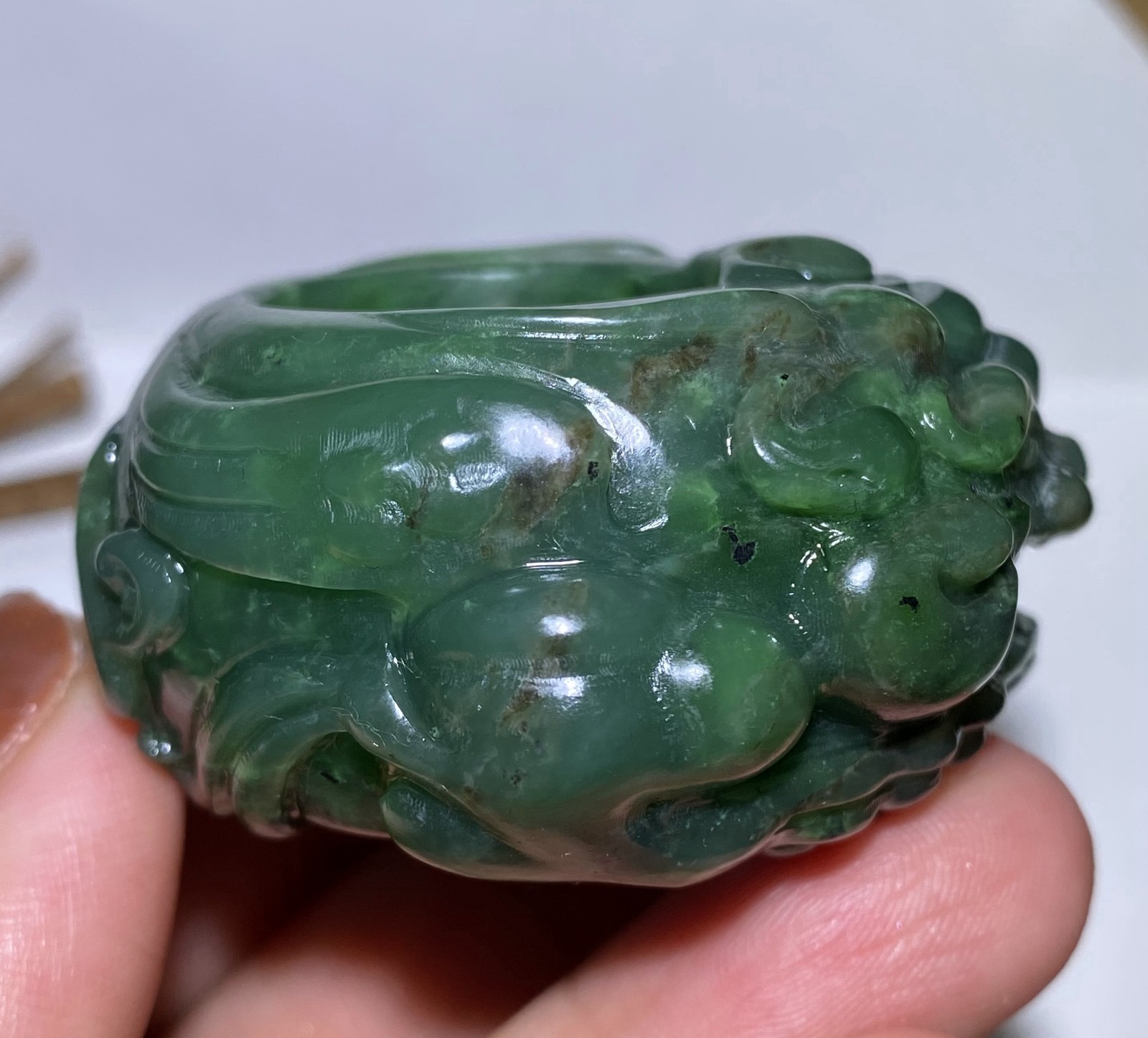 Certified 100% Natural Hetian Jade Pixiu Thumb Ring Hand-Carved Feng Shui Lucky