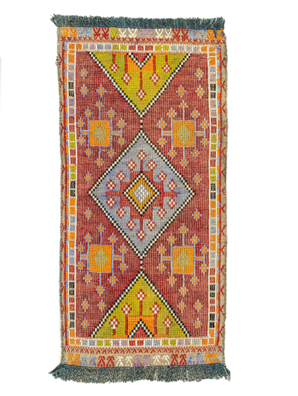 Handmade Turkish Tribal Embroidery Kilim Rug-1.10×3.7 ft Vintage Thin Runner