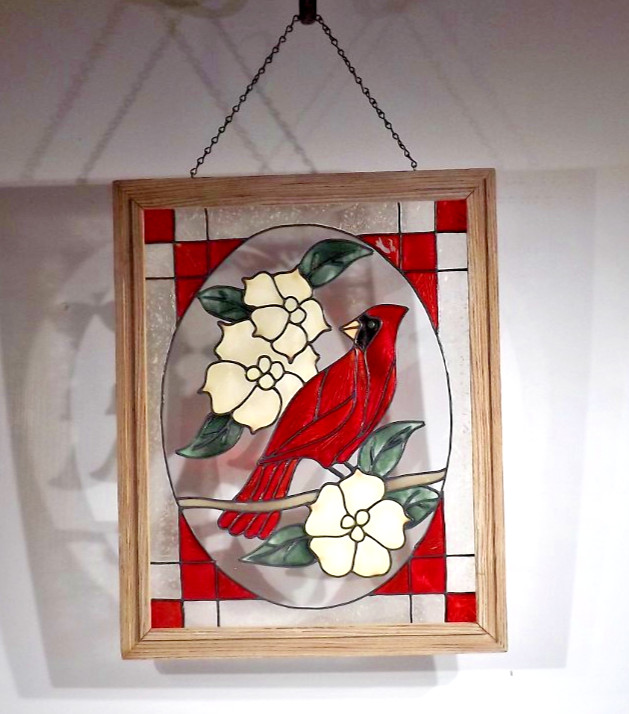 Hand Painted Stained Glass Red Cardinal – Light Brown Wooden Frame – Dogwood