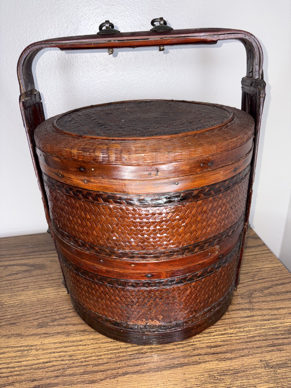 Vintage CHINESE ASIAN WEDDING BASKET 2 TIER WOVEN WICKER RATTAN BAMBOO CANE