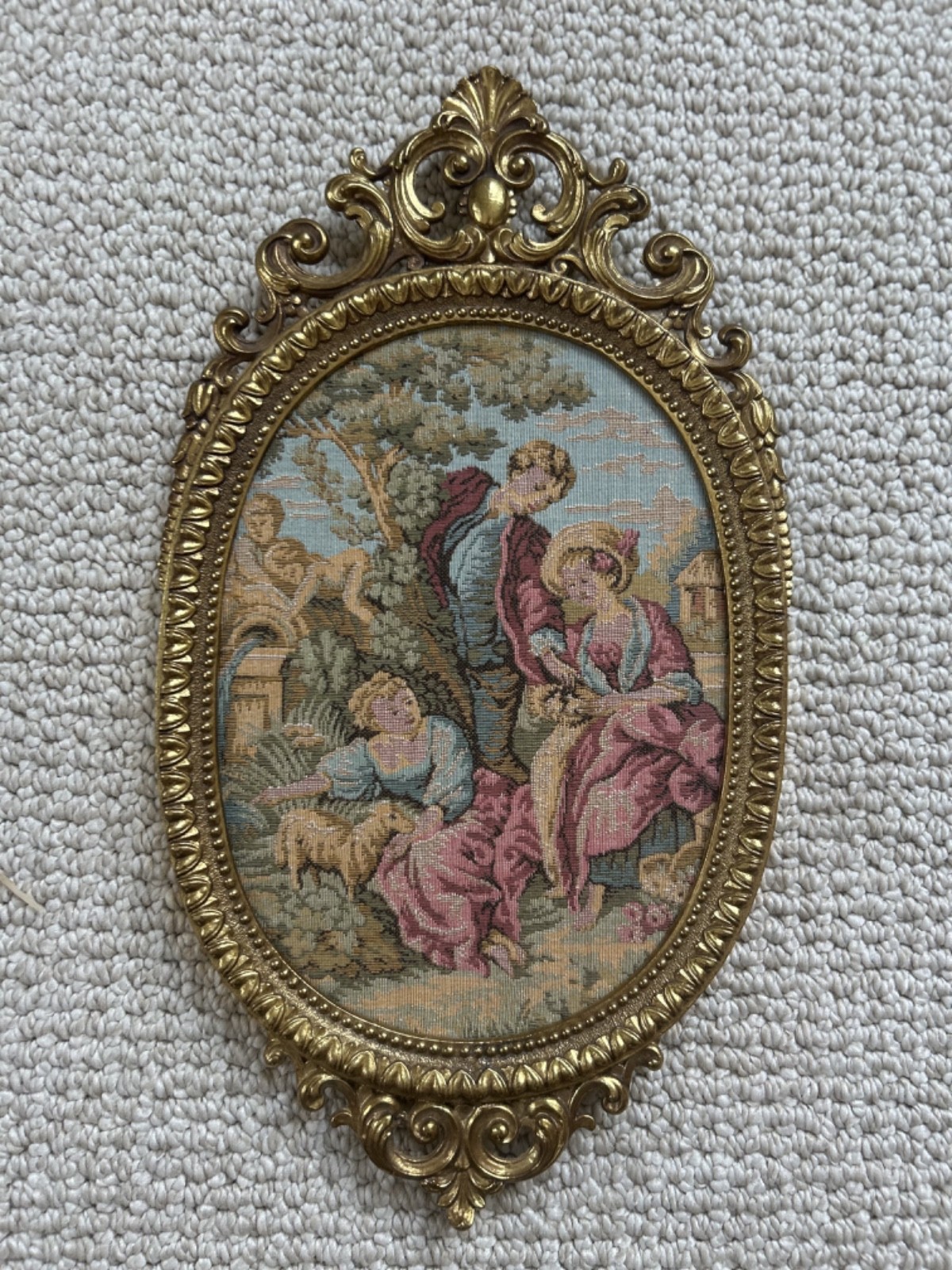 Vintage F.B.A.I. Ornate Brass Picture Frame Embroidered Picture