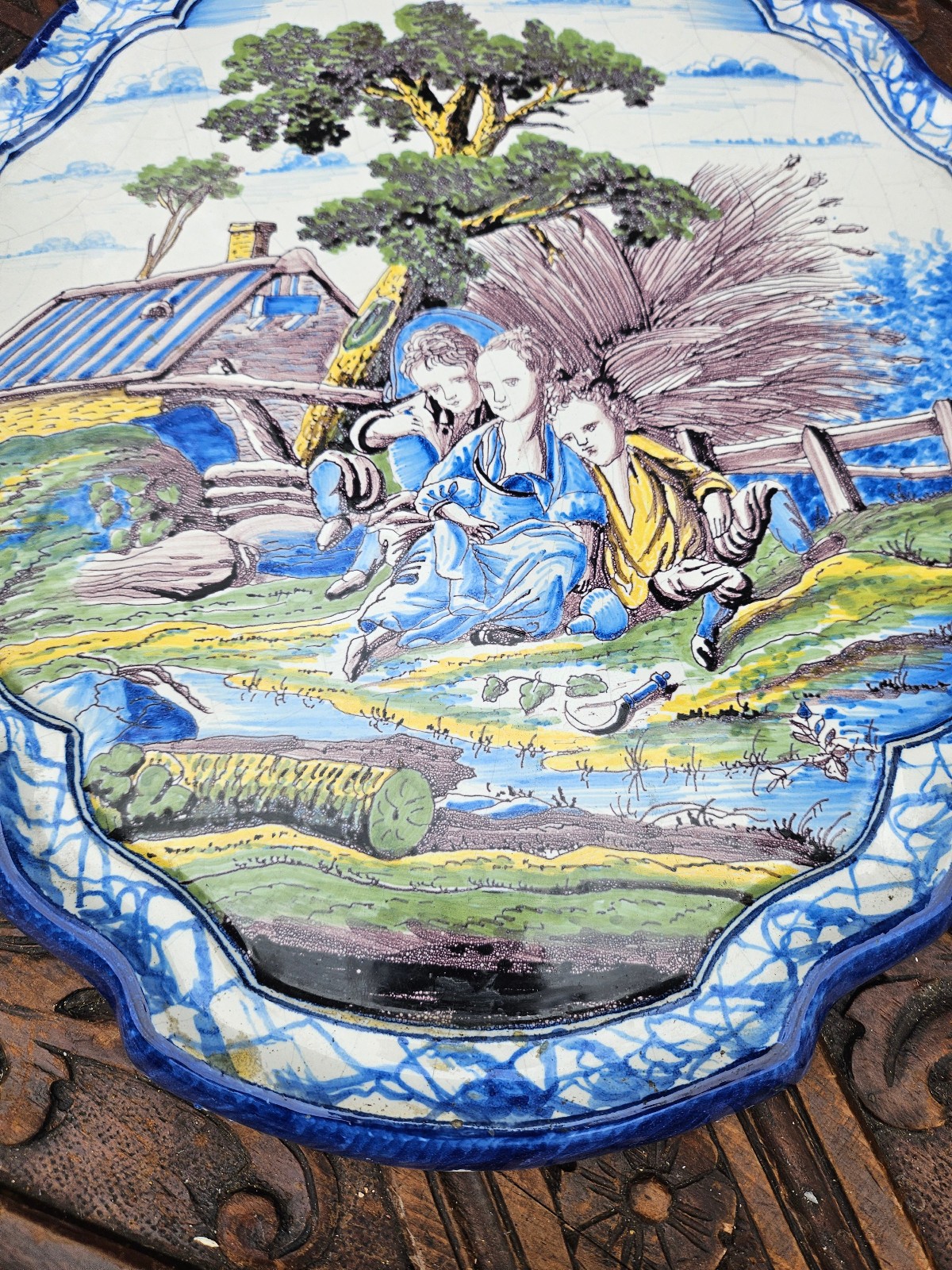 Antique 18thc Polychrome delft glazed earthenware wall plaque romantic decor