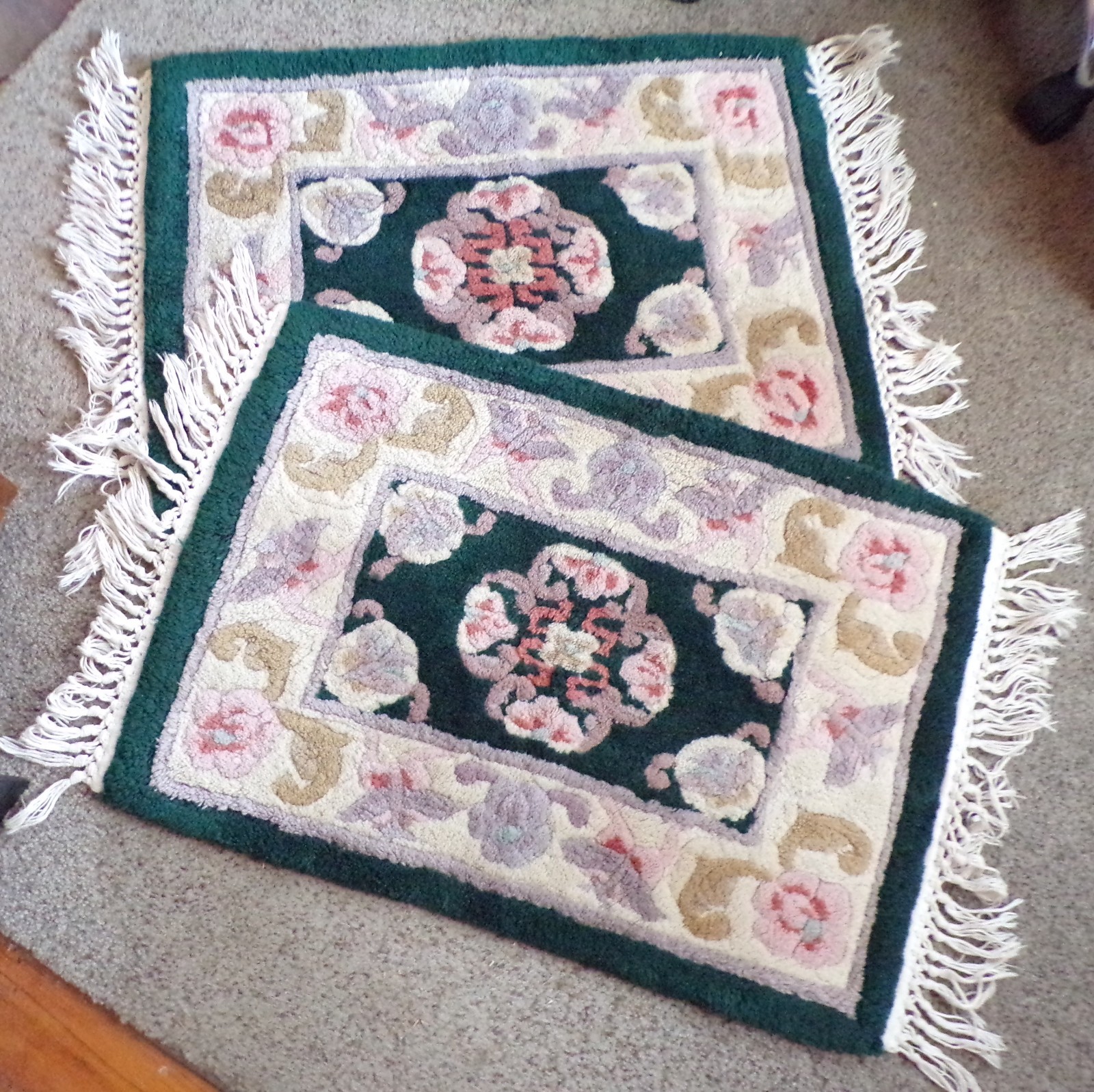 Set of 2 Vintage 1970s Floral Chenille Throw Rugs 27.5×18.5″ Plus Fringe Mats