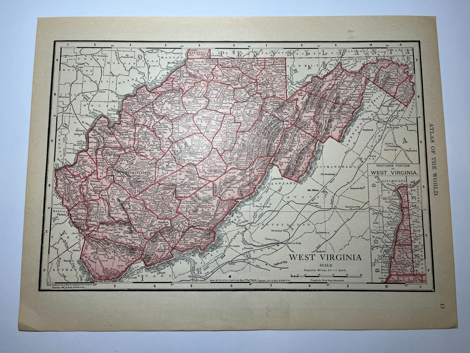 1909 / 1911 ” Red” WEST VIRGINIA State Map fm 1912 New Census Atlas SEE DESCRIP