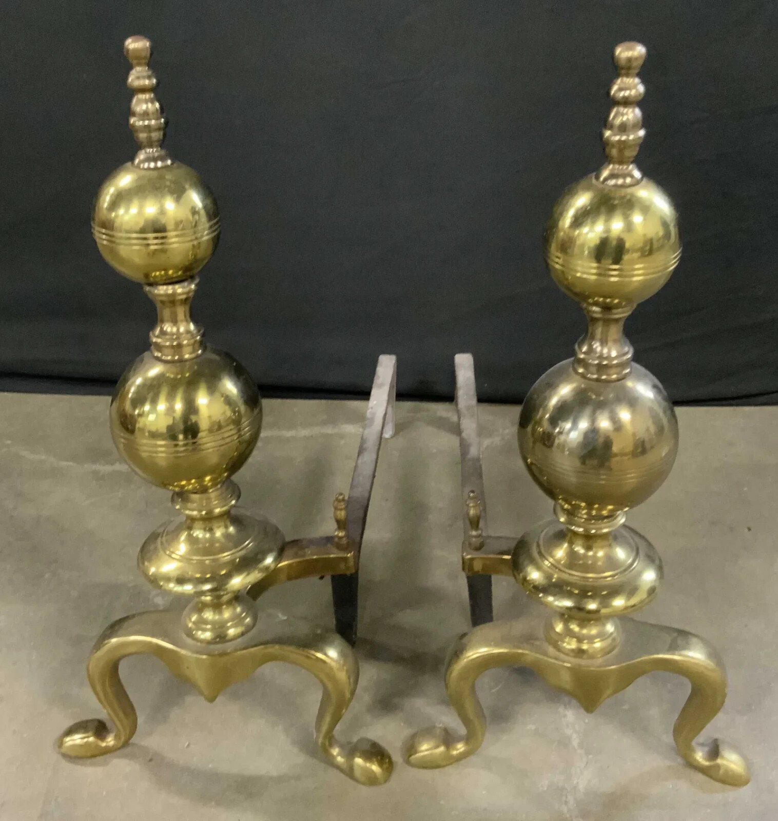Fireplace Accessory-VINTAGE CANNON BALL BRASS ANDIRONS/FIREDOGS~19.5 Inches High