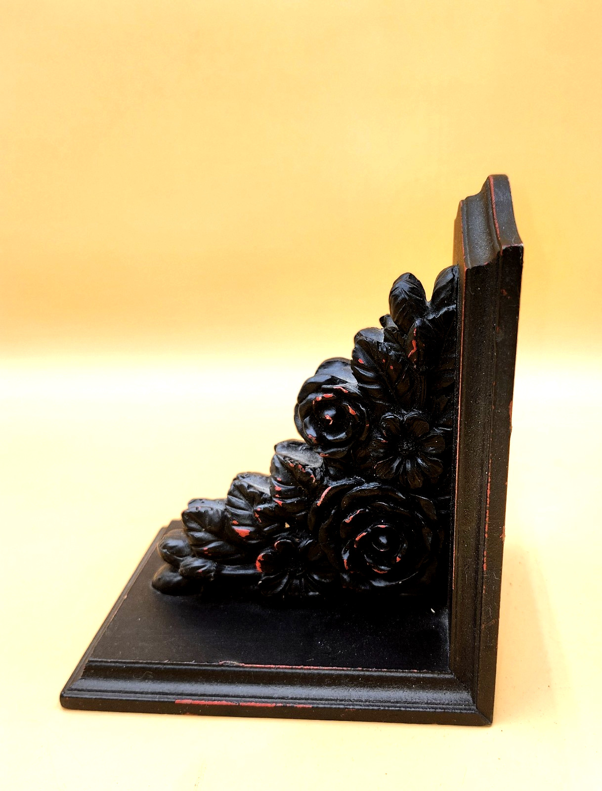 Vintage Black flower roses book end ornate solid wood Corbel Vintage 6 x 7 in