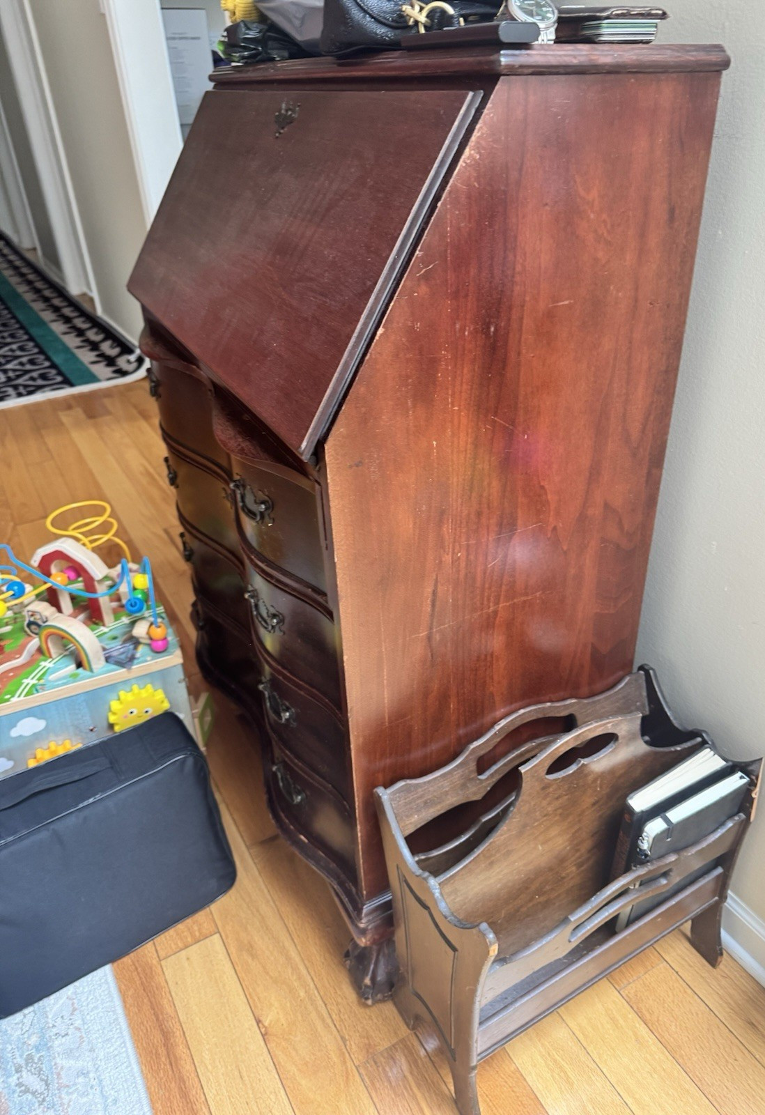 Antique Wood Drop Front Desk Mahogany Finish 4 Drawers Brass Handles