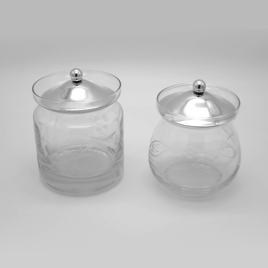 Jam Jars Pair Sterling Silver Lids Acid Etched Glass
