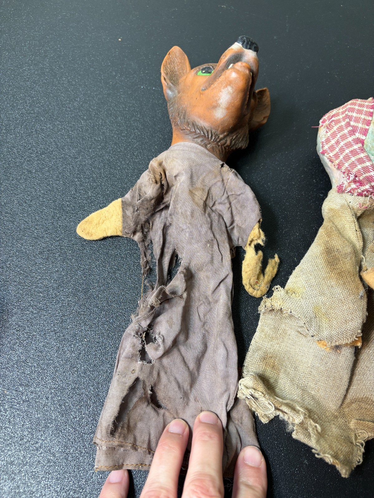 2 Vintage/Antique Folklore Hand Puppets Wolf & Witch