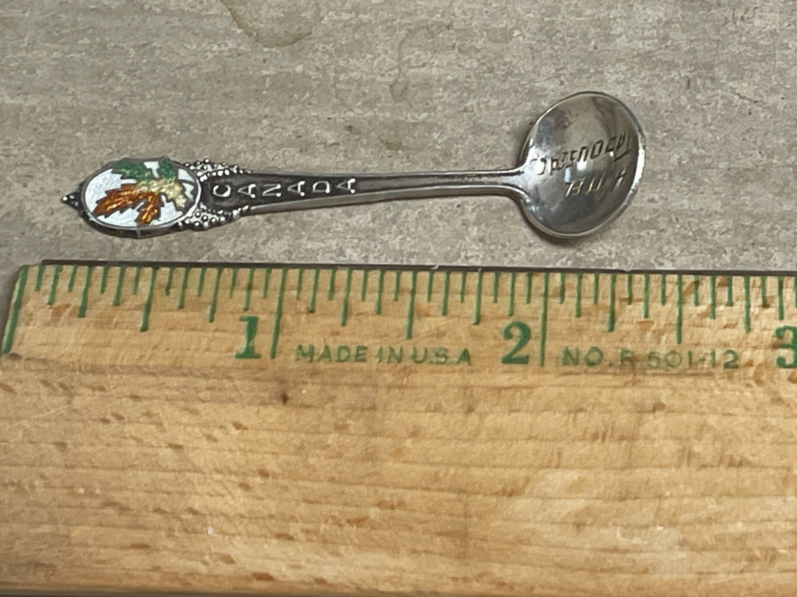 Sterling Silver Salt Spoon Enamel Canada Maple Leaf By BM Co. Hôtel Tadoussac