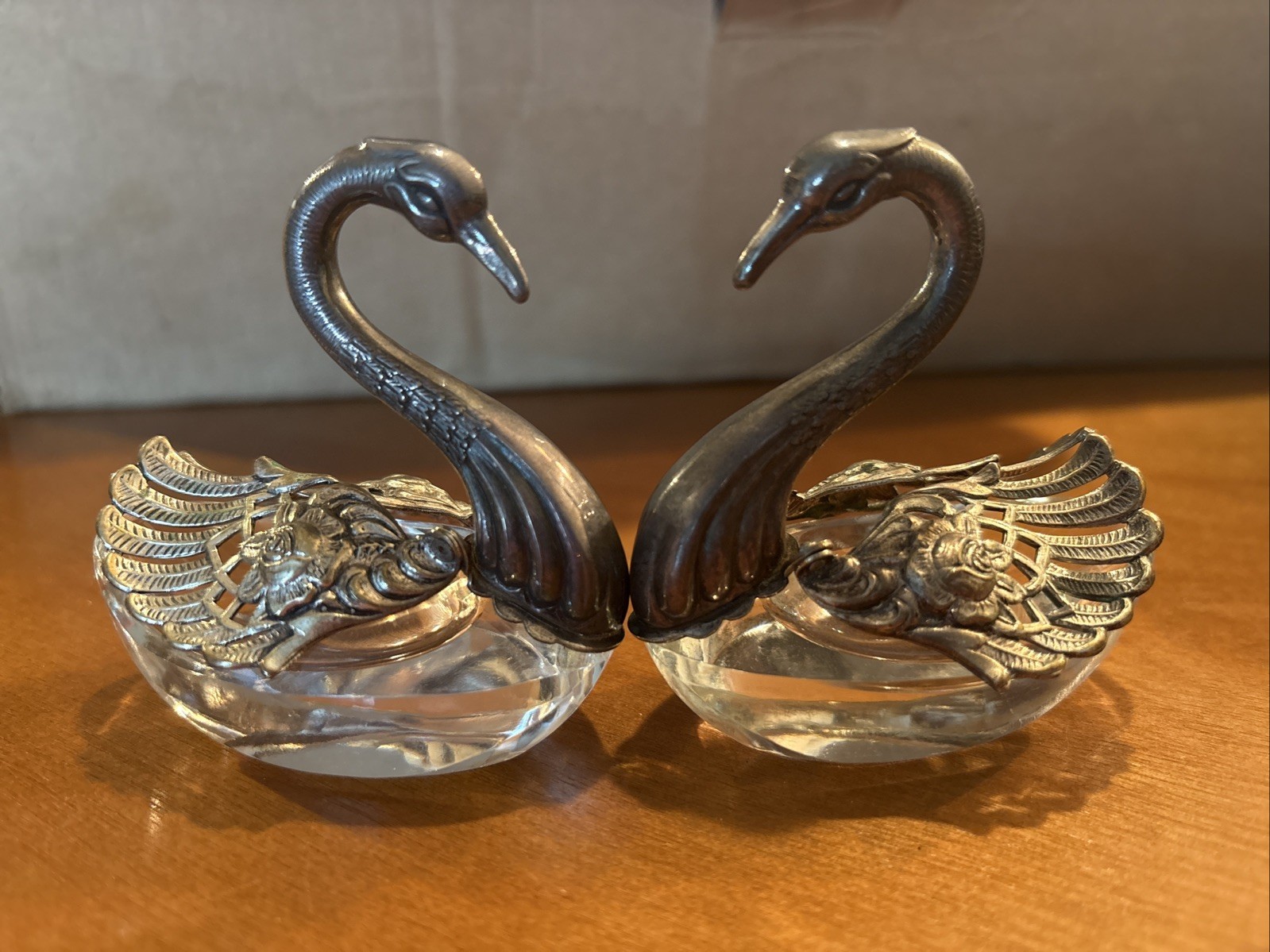 Sterling Silver Cut Crystal Swan Shaped Salt Cellars Stamped 925 Pair Vintage