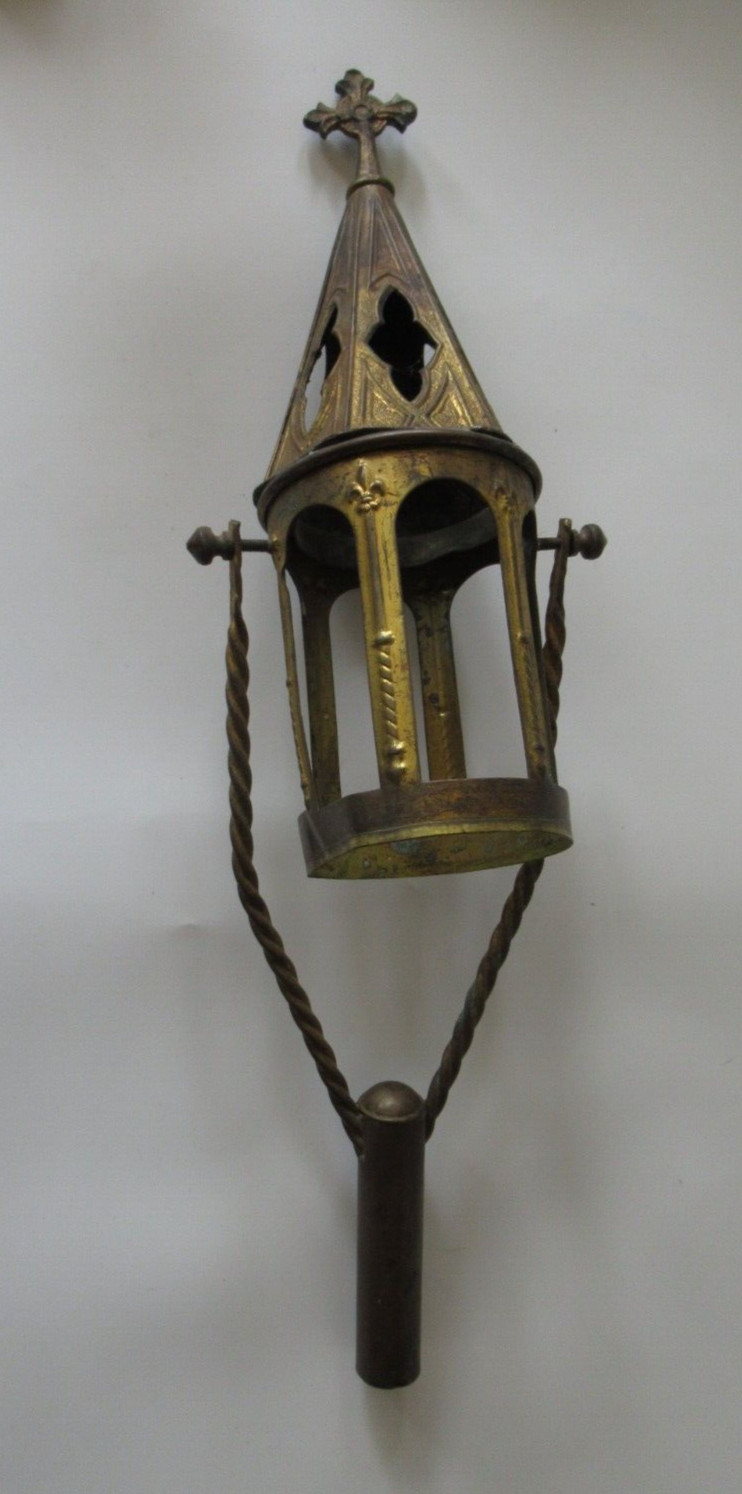 Antique brass Processional Lantern Fleur de lis French cross finial pole mount